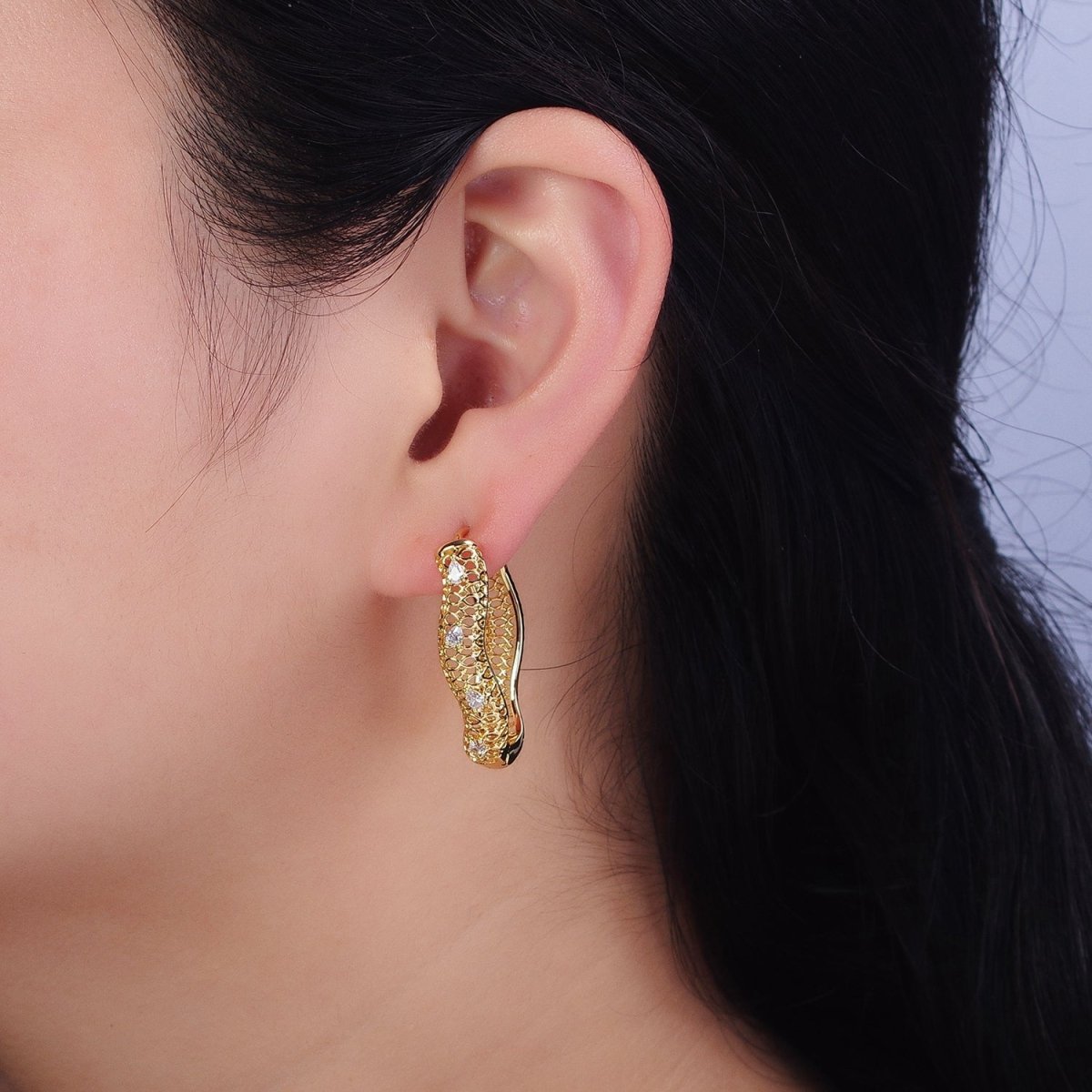 16K Gold Filled Filigree Geometric Wavy Teardrop CZ Dotted Oblong Hoop Earrings in Silver & Gold | AB1428 AD1190