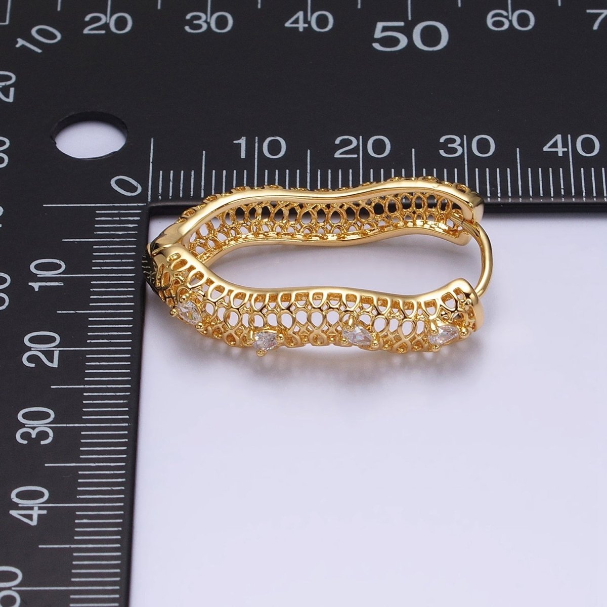 16K Gold Filled Filigree Geometric Wavy Teardrop CZ Dotted Oblong Hoop Earrings in Silver & Gold | AB1428 AD1190