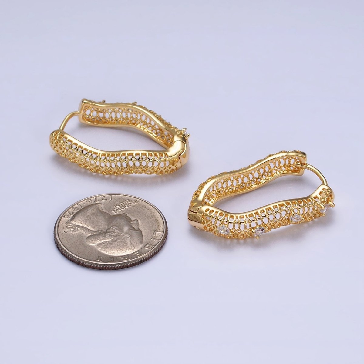 16K Gold Filled Filigree Geometric Wavy Teardrop CZ Dotted Oblong Hoop Earrings in Silver & Gold | AB1428 AD1190