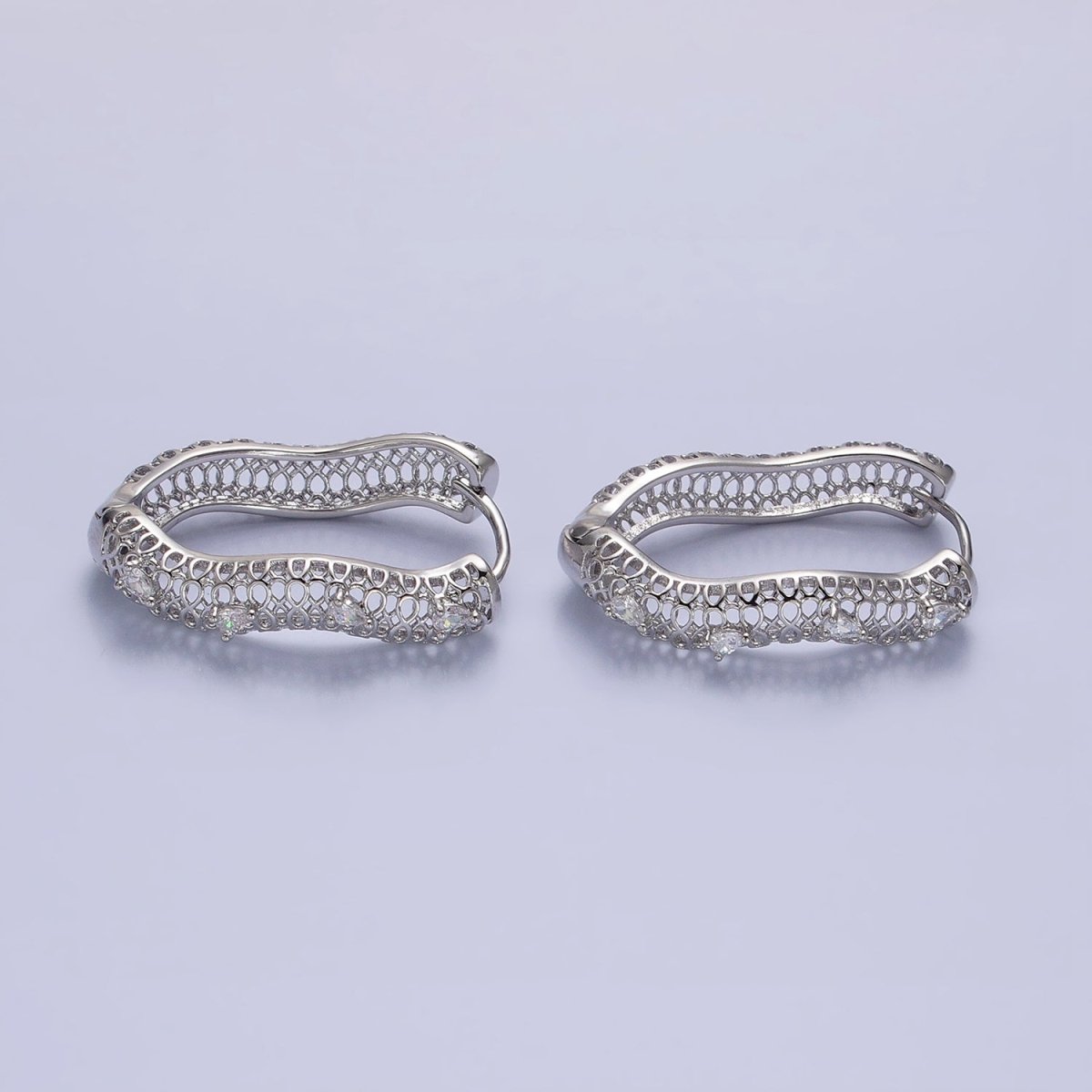 16K Gold Filled Filigree Geometric Wavy Teardrop CZ Dotted Oblong Hoop Earrings in Silver & Gold | AB1428 AD1190