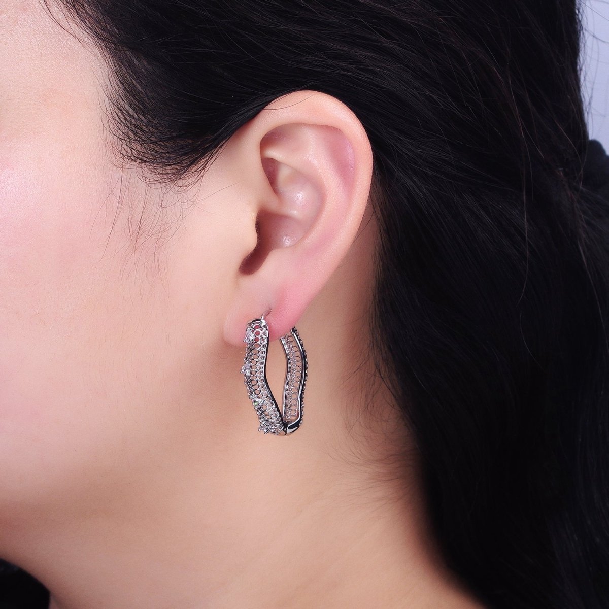 16K Gold Filled Filigree Geometric Wavy Teardrop CZ Dotted Oblong Hoop Earrings in Silver & Gold | AB1428 AD1190