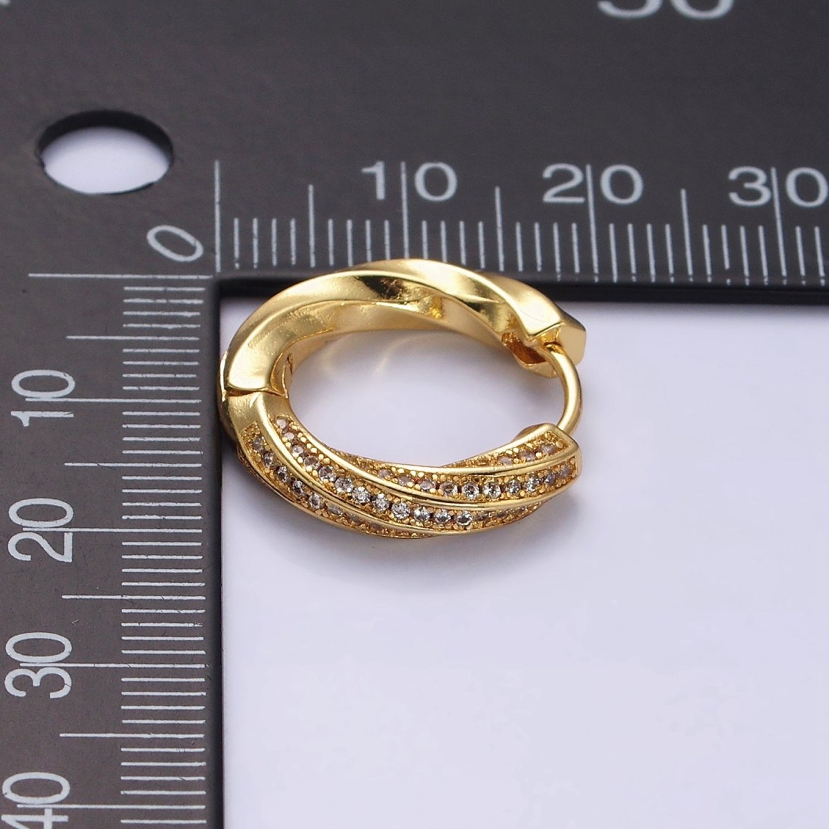 16K Gold Filled Flat Twisted Half Micro Paved CZ 20mm Huggie Hoop Earrings | AD1560