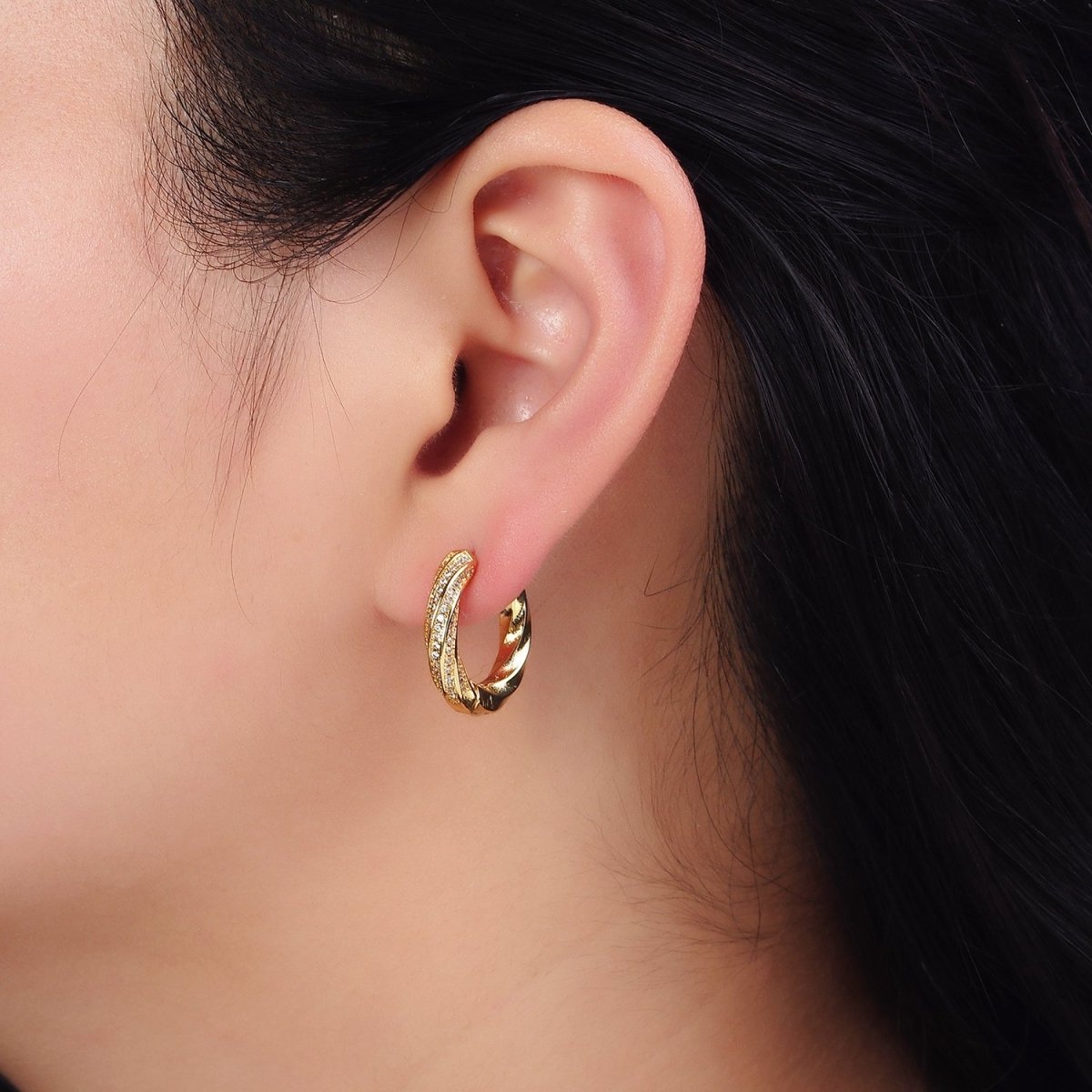 16K Gold Filled Flat Twisted Half Micro Paved CZ 20mm Huggie Hoop Earrings | AD1560