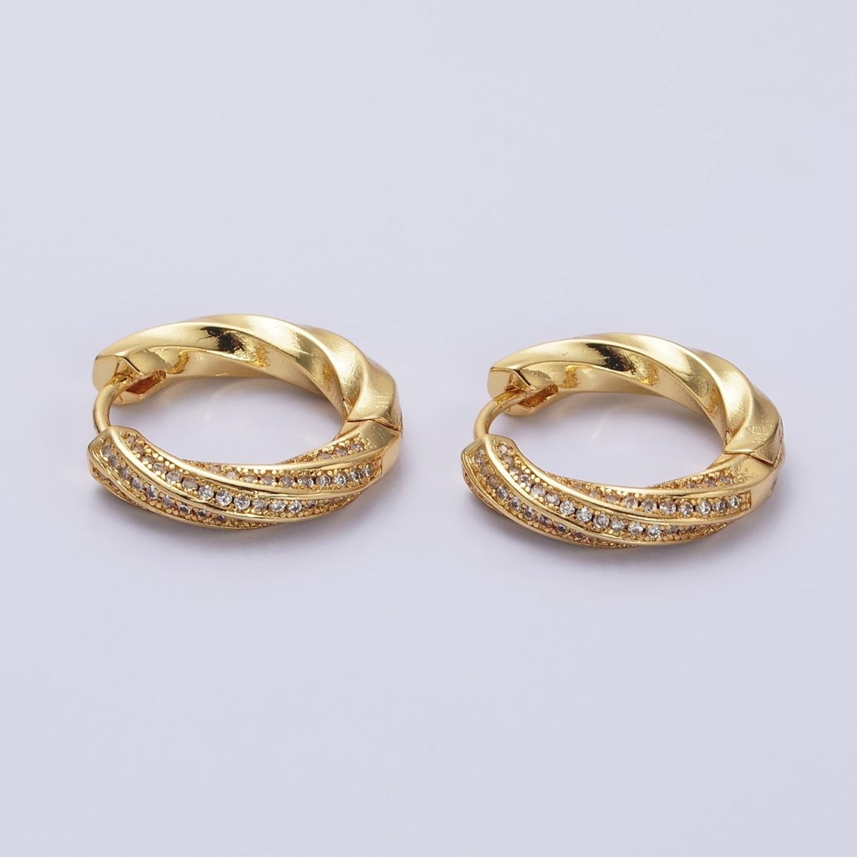 16K Gold Filled Flat Twisted Half Micro Paved CZ 20mm Huggie Hoop Earrings | AD1560