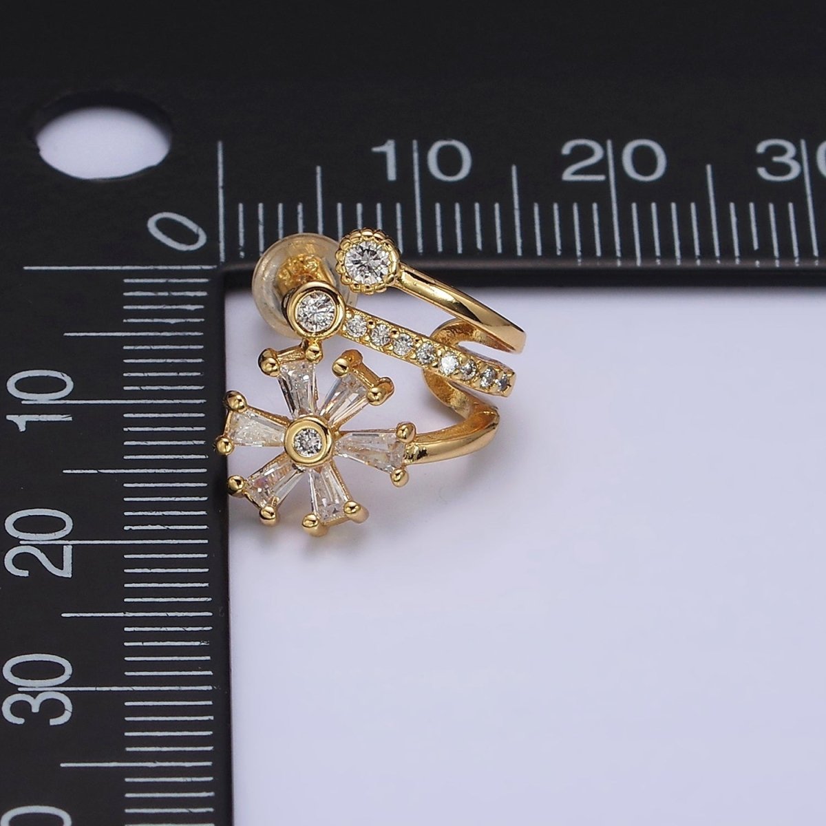 16K Gold Filled Flower Baguette Micro Paved CZ Triple Claw Stud Earrings in Gold & Silver | AD1230 AD1232