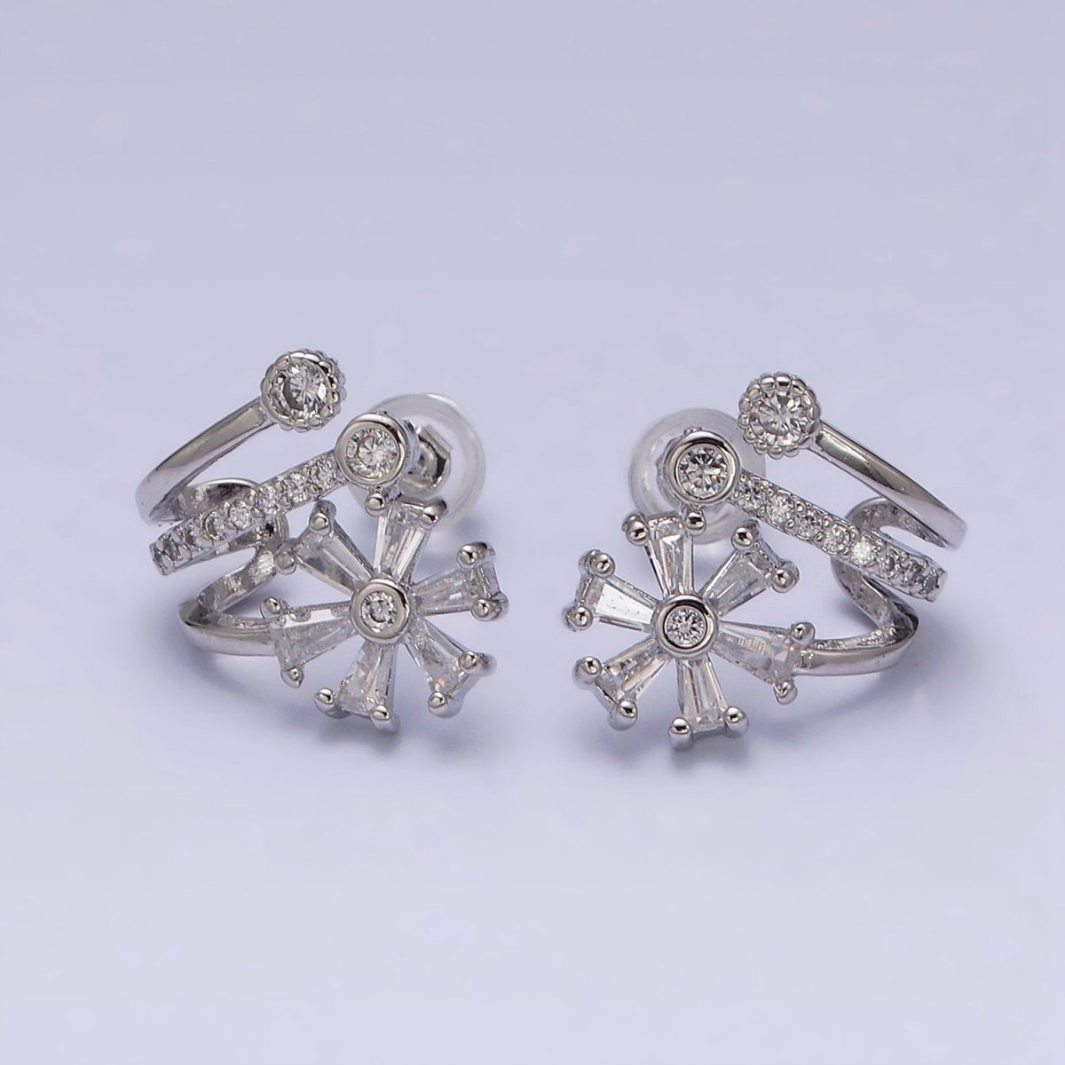 16K Gold Filled Flower Baguette Micro Paved CZ Triple Claw Stud Earrings in Gold & Silver | AD1230 AD1232