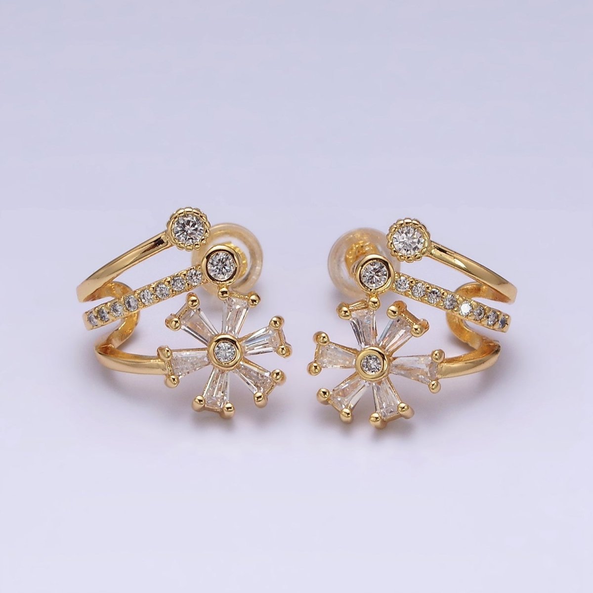 16K Gold Filled Flower Baguette Micro Paved CZ Triple Claw Stud Earrings in Gold & Silver | AD1230 AD1232