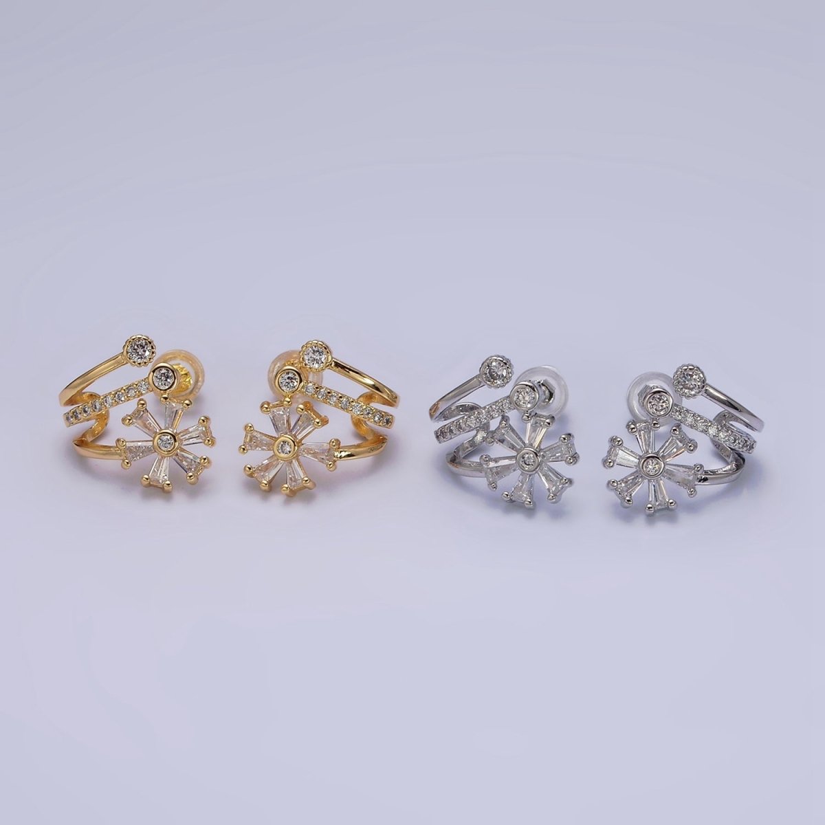 16K Gold Filled Flower Baguette Micro Paved CZ Triple Claw Stud Earrings in Gold & Silver | AD1230 AD1232