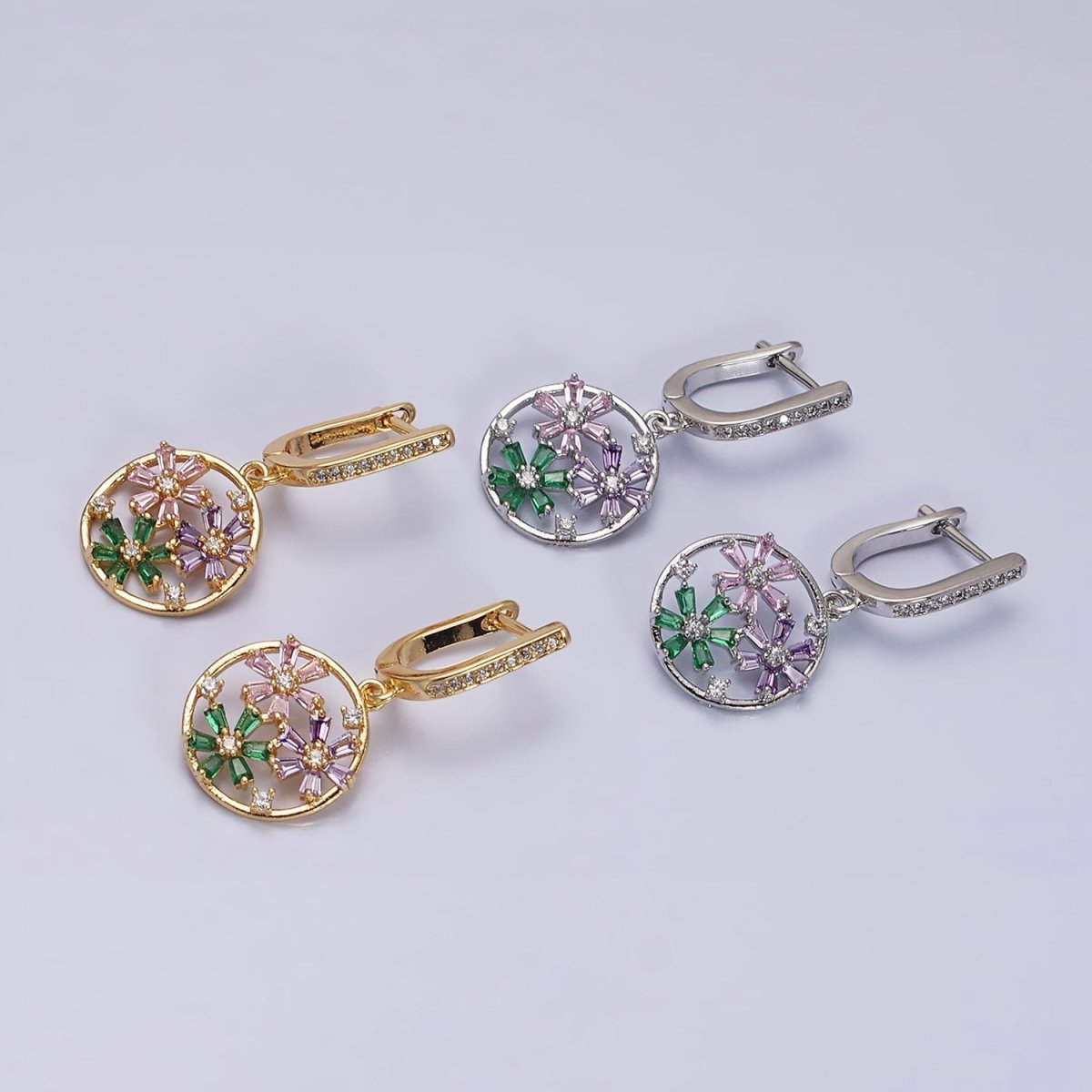 16K Gold Filled Flower Baguette Multicolor Open Drop Micro Paved English Lock Earrings in Gold & Silver | AD1179 AD1180