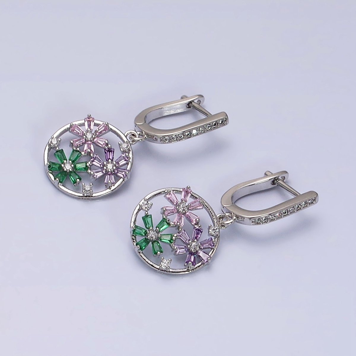 16K Gold Filled Flower Baguette Multicolor Open Drop Micro Paved English Lock Earrings in Gold & Silver | AD1179 AD1180