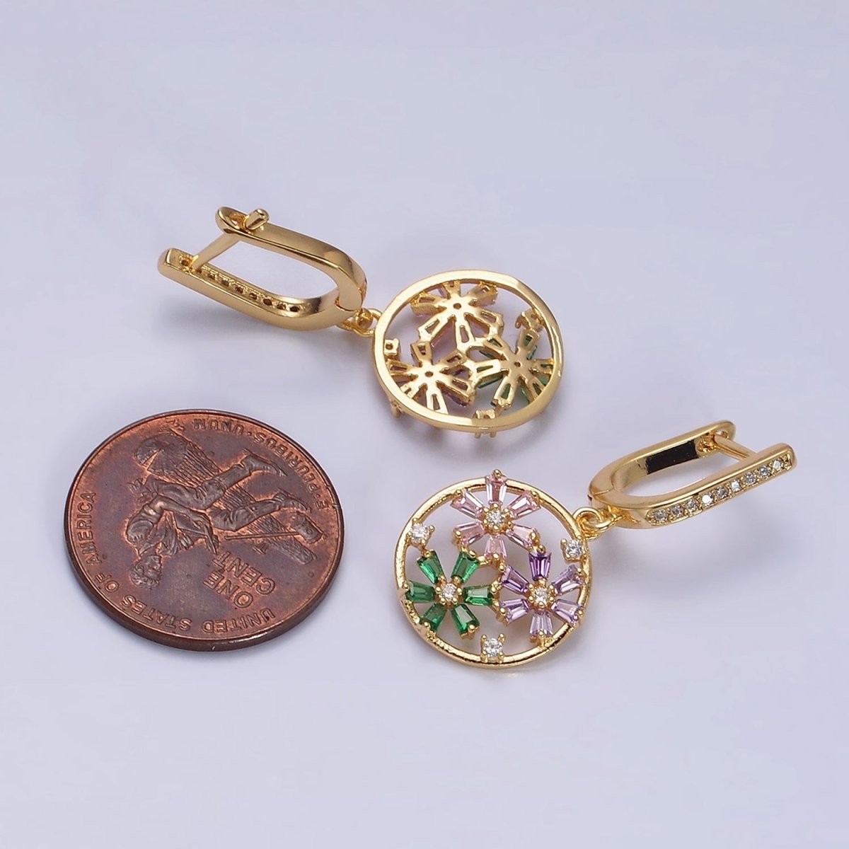 16K Gold Filled Flower Baguette Multicolor Open Drop Micro Paved English Lock Earrings in Gold & Silver | AD1179 AD1180