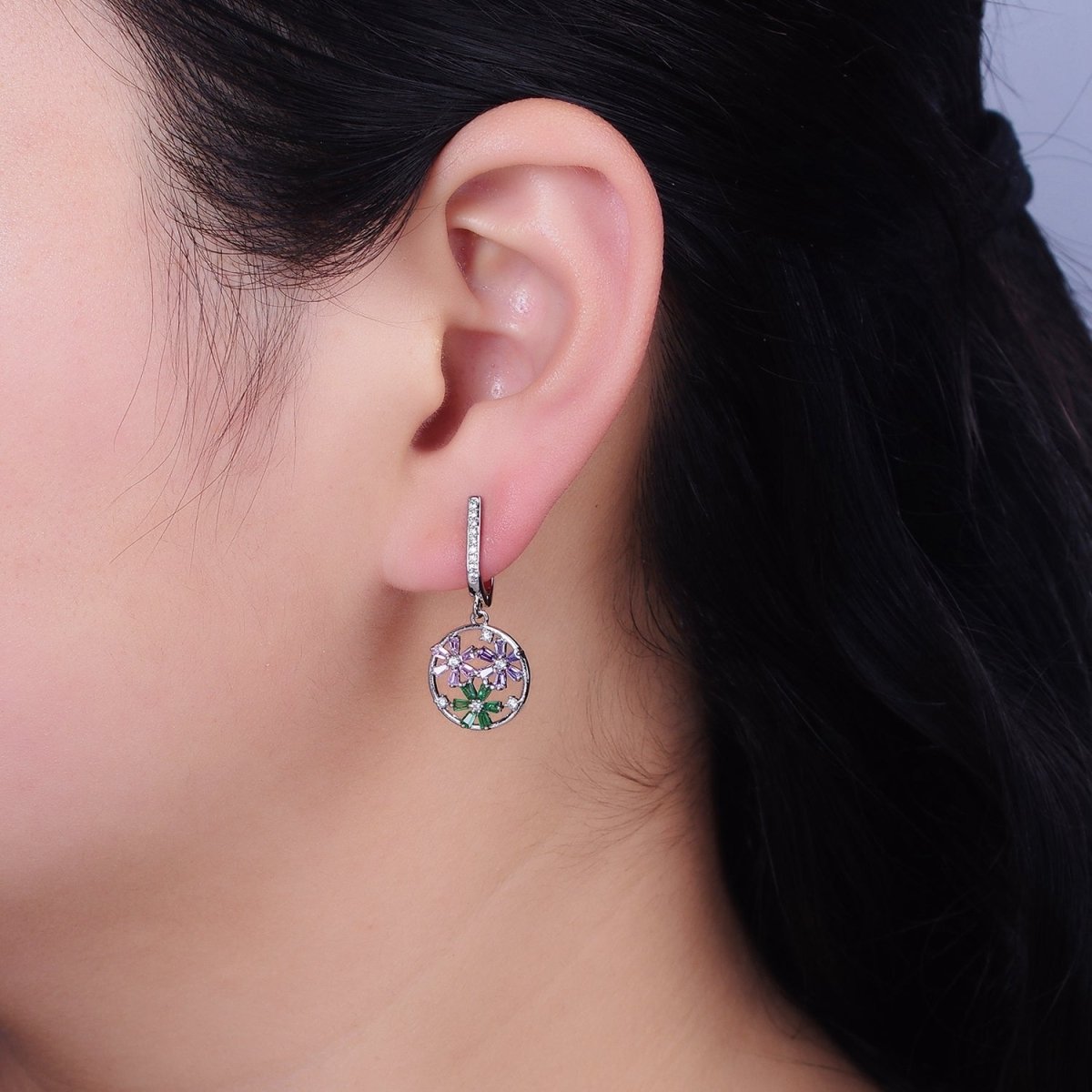 16K Gold Filled Flower Baguette Multicolor Open Drop Micro Paved English Lock Earrings in Gold & Silver | AD1179 AD1180