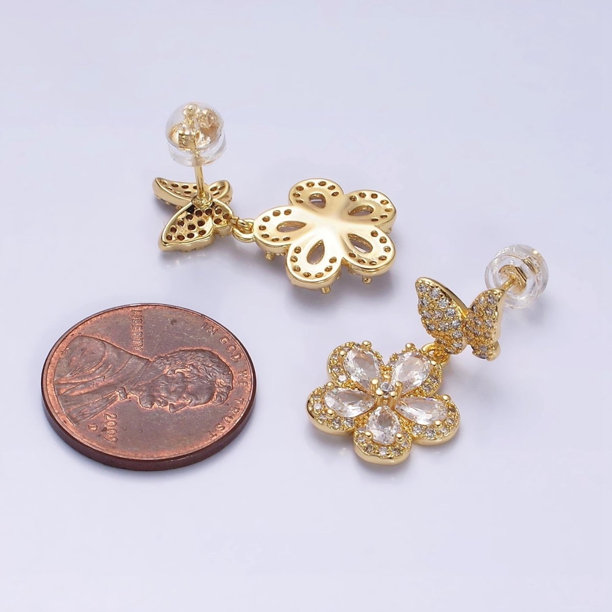 16K Gold Filled Flower Butterfly Micro Paved CZ Drop Stud Earrings in Gold & Silver | AD1066 AD1067