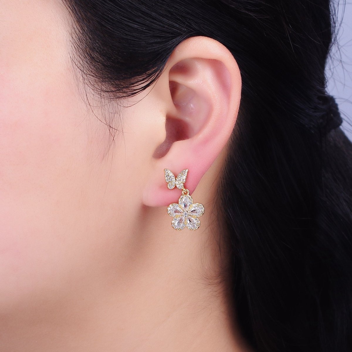 16K Gold Filled Flower Butterfly Micro Paved CZ Drop Stud Earrings in Gold & Silver | AD1066 AD1067
