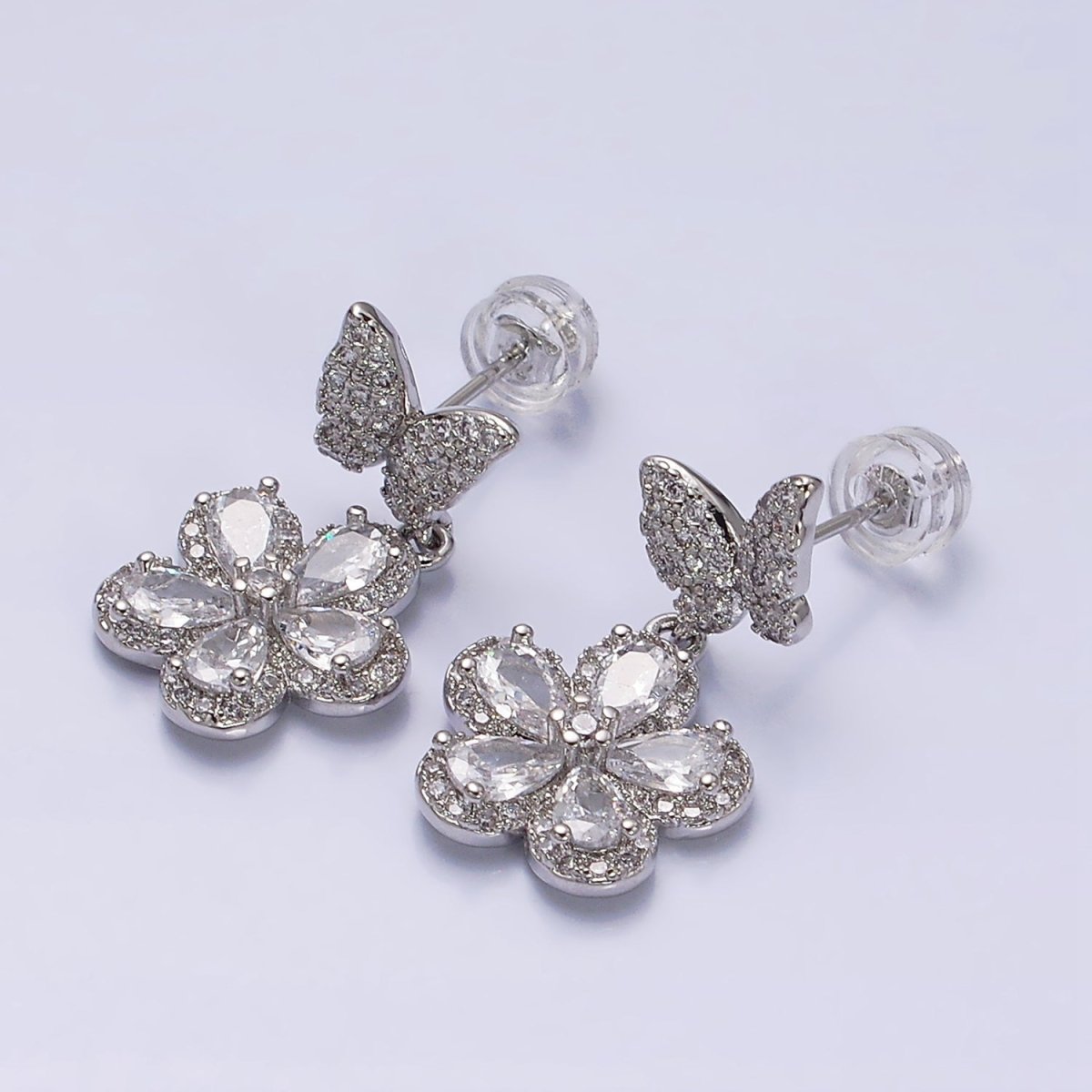 16K Gold Filled Flower Butterfly Micro Paved CZ Drop Stud Earrings in Gold & Silver | AD1066 AD1067