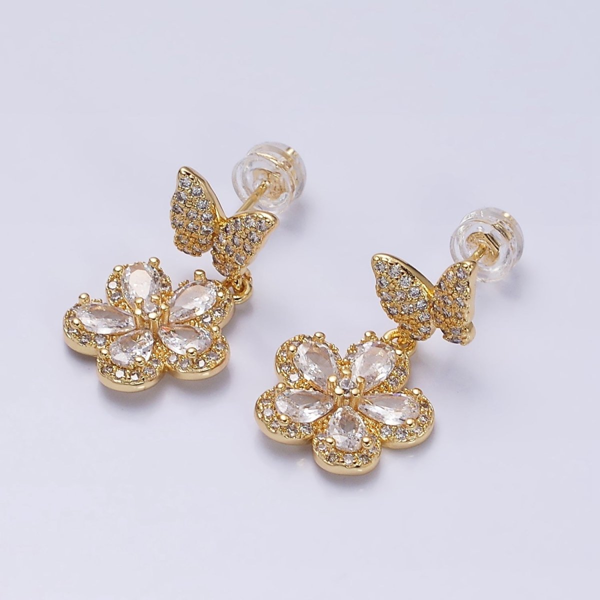 16K Gold Filled Flower Butterfly Micro Paved CZ Drop Stud Earrings in Gold & Silver | AD1066 AD1067