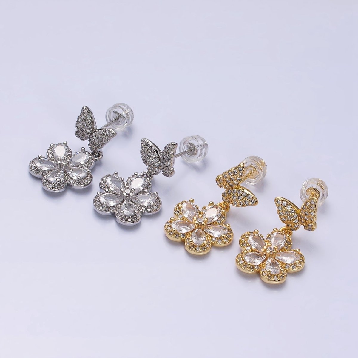 16K Gold Filled Flower Butterfly Micro Paved CZ Drop Stud Earrings in Gold & Silver | AD1066 AD1067