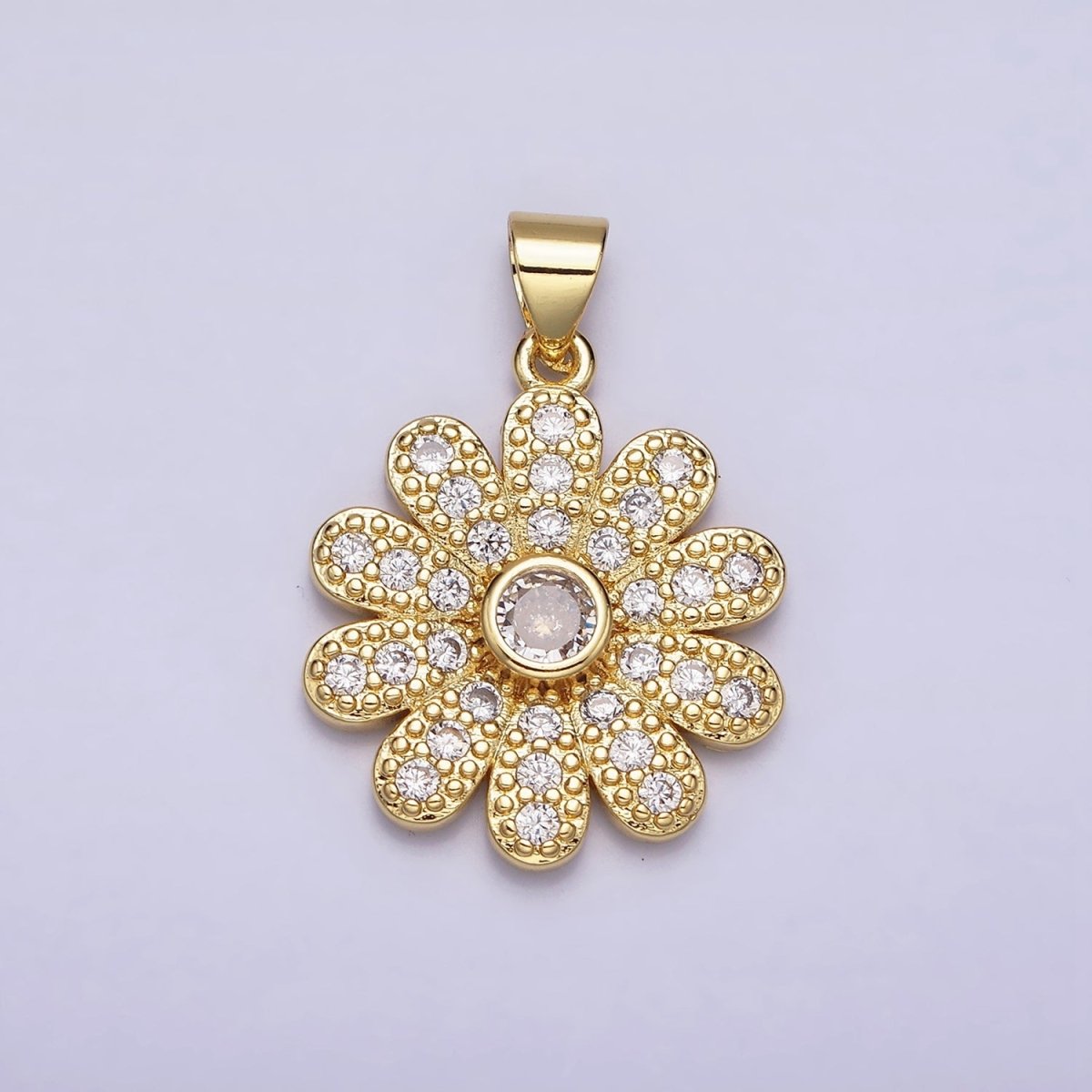 16K Gold Filled Flower Daisy Clear CZ Micro Paved Pendant | AA439