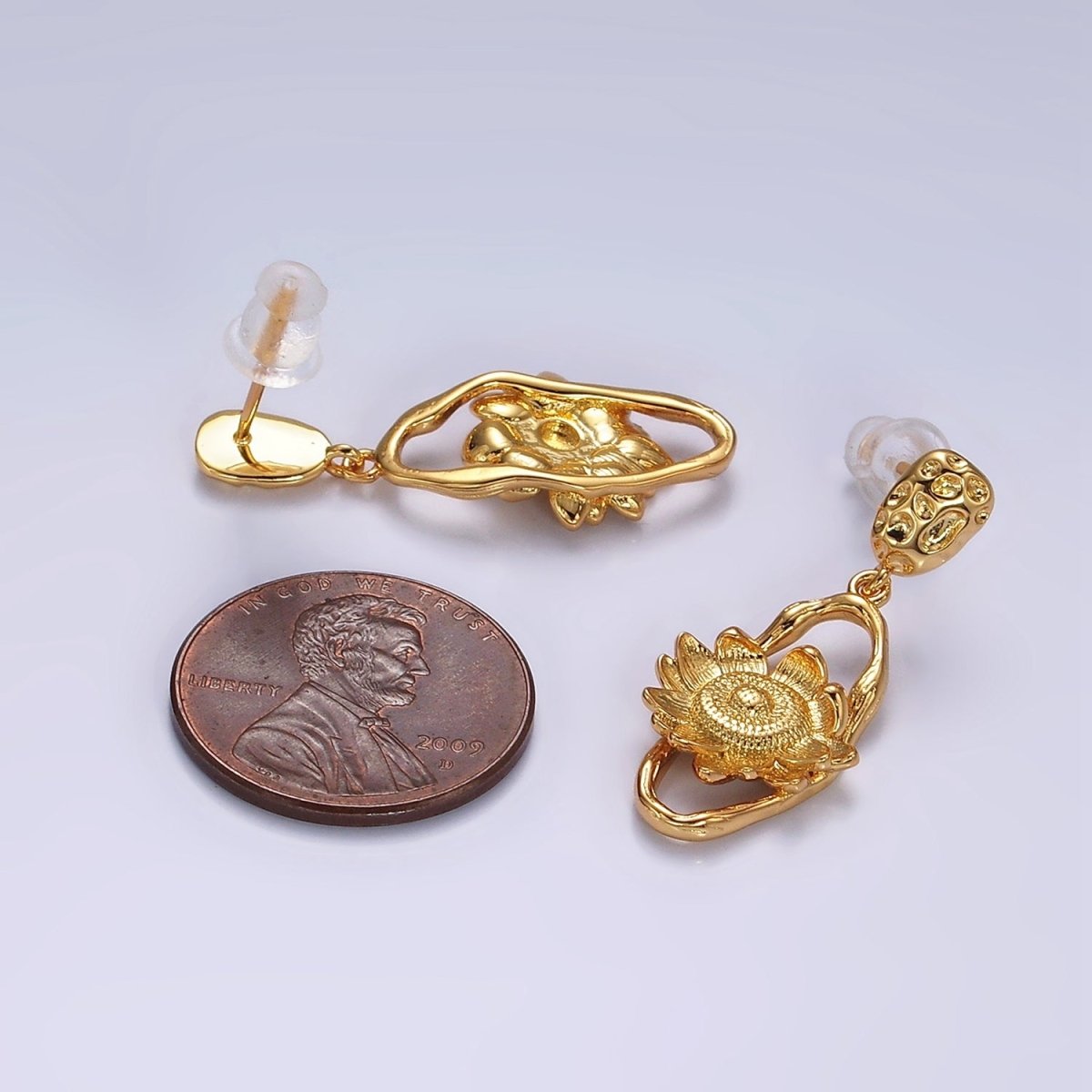 16K Gold Filled Flower Hammered Open Oblong Dented Oval Drop Stud Earrings | AE920