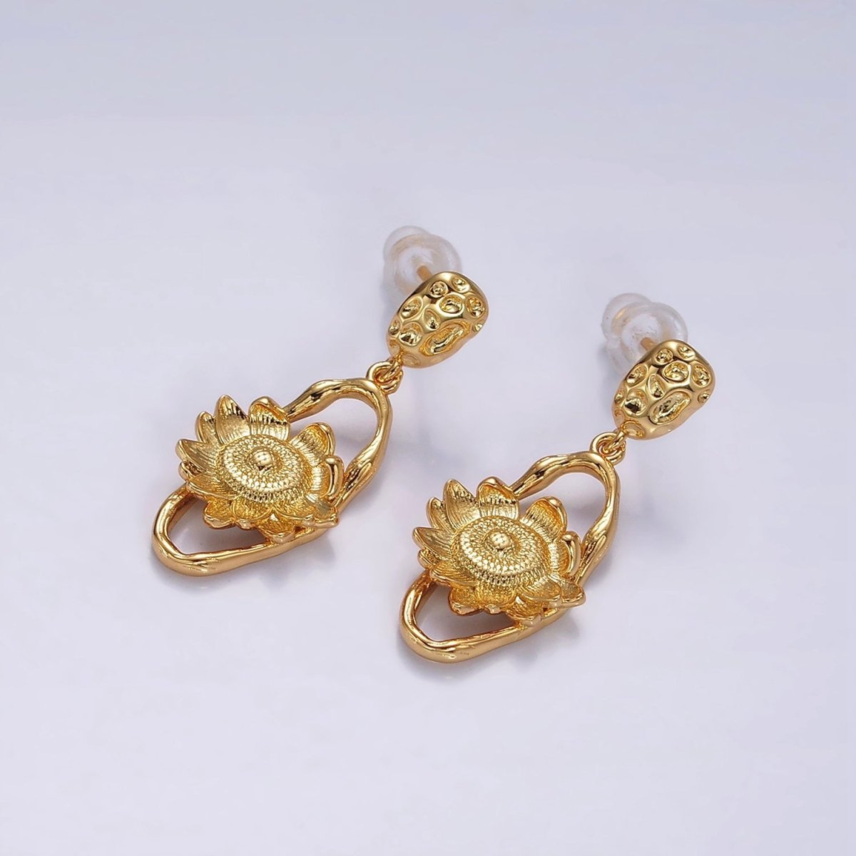 16K Gold Filled Flower Hammered Open Oblong Dented Oval Drop Stud Earrings | AE920