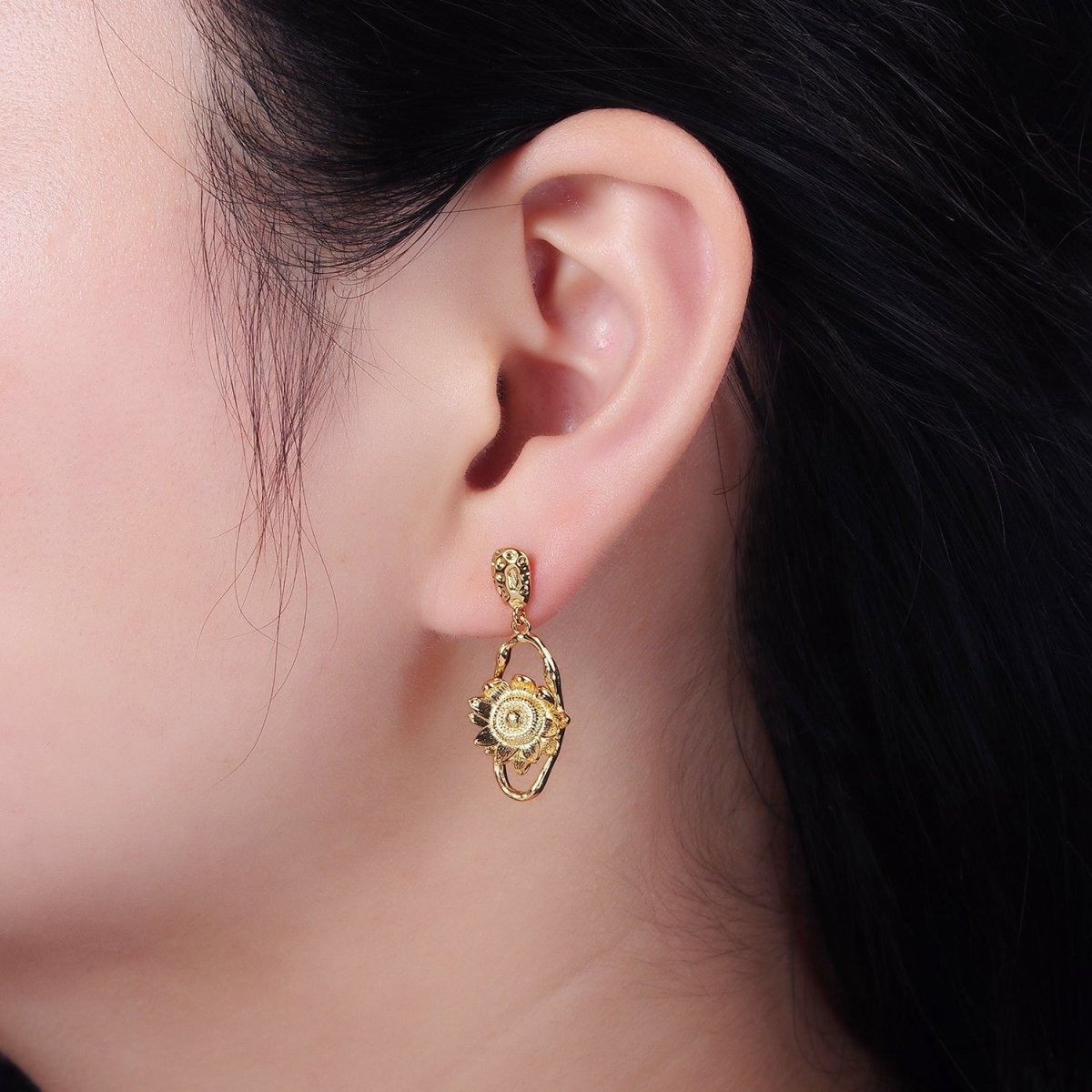 16K Gold Filled Flower Hammered Open Oblong Dented Oval Drop Stud Earrings | AE920
