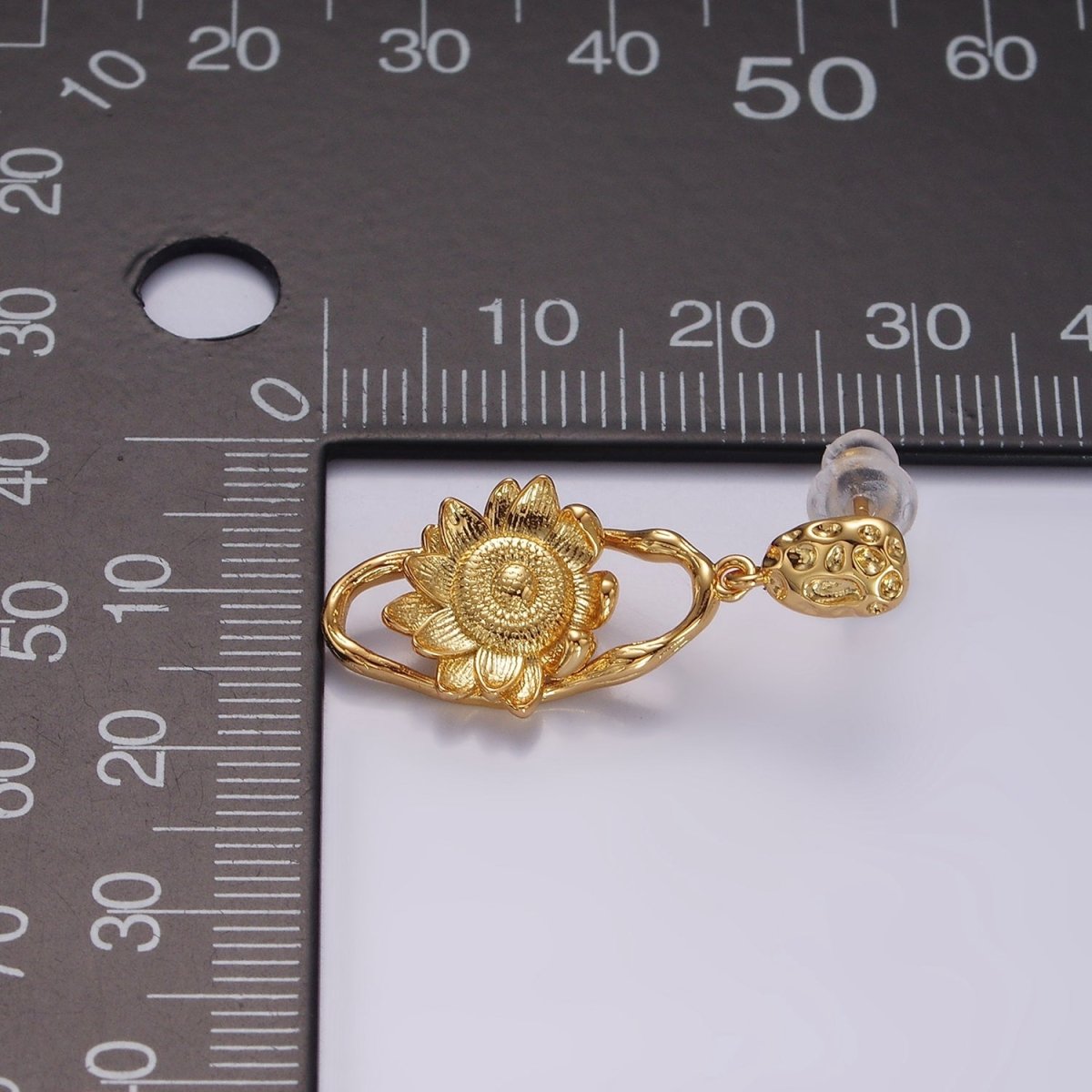 16K Gold Filled Flower Hammered Open Oblong Dented Oval Drop Stud Earrings | AE920
