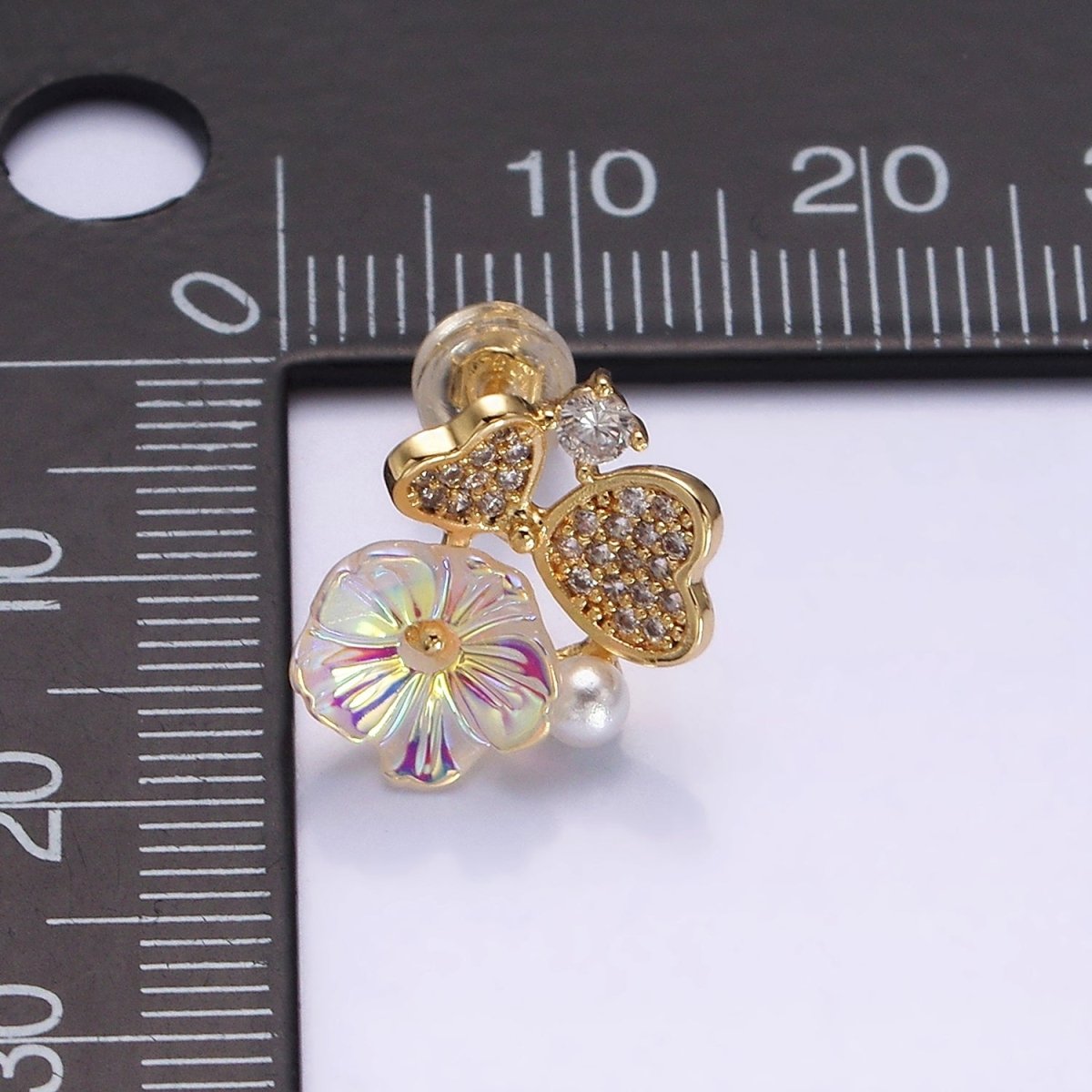 16K Gold Filled Flower Iridescent Acrylic Heart Petal Micro Paved CZ Pearl Stud Earrings in Gold & Silver | AD1552 AD1553
