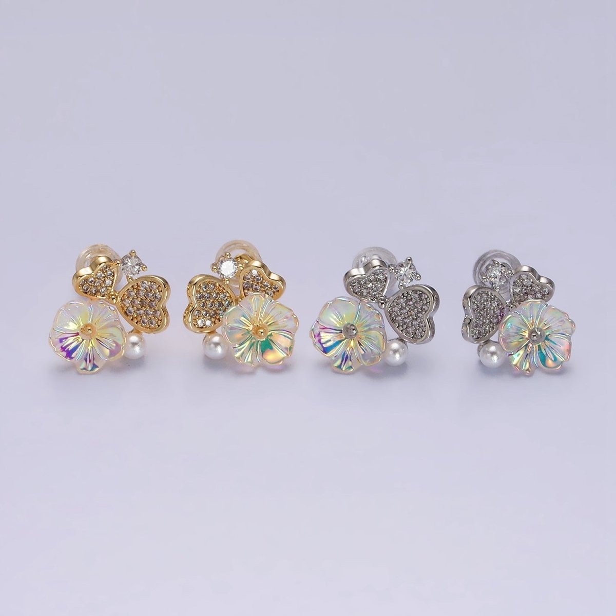 16K Gold Filled Flower Iridescent Acrylic Heart Petal Micro Paved CZ Pearl Stud Earrings in Gold & Silver | AD1552 AD1553