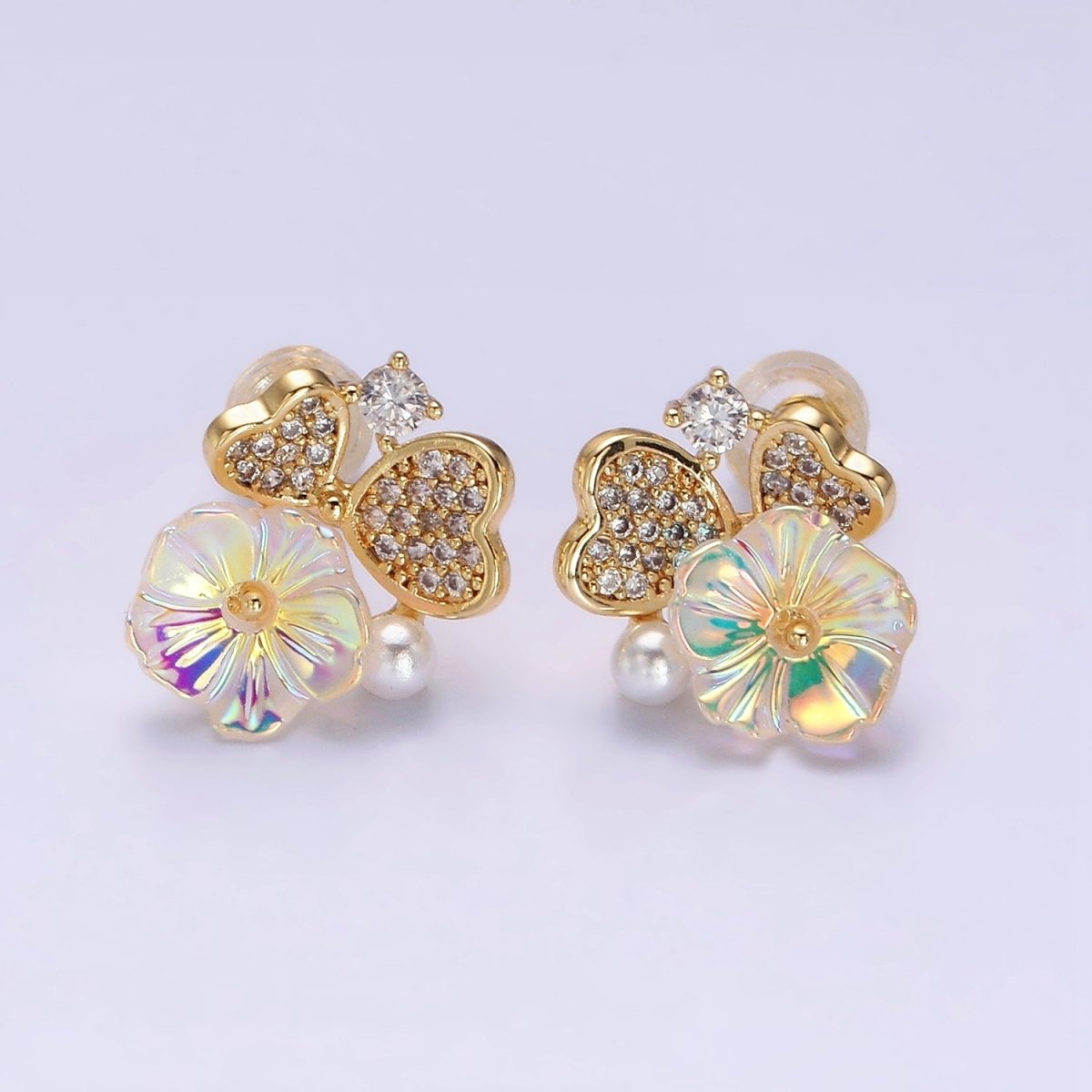 16K Gold Filled Flower Iridescent Acrylic Heart Petal Micro Paved CZ Pearl Stud Earrings in Gold & Silver | AD1552 AD1553