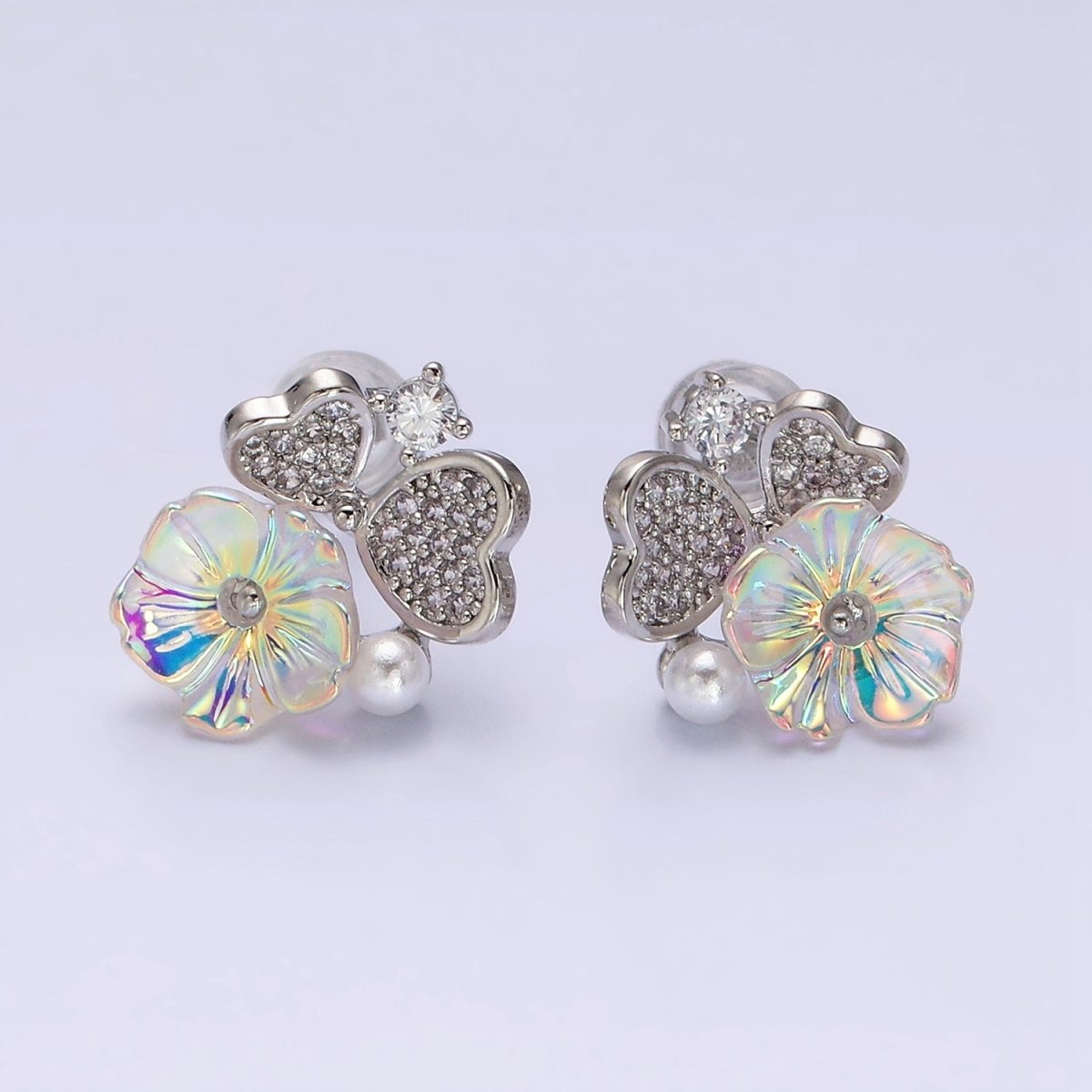 16K Gold Filled Flower Iridescent Acrylic Heart Petal Micro Paved CZ Pearl Stud Earrings in Gold & Silver | AD1552 AD1553