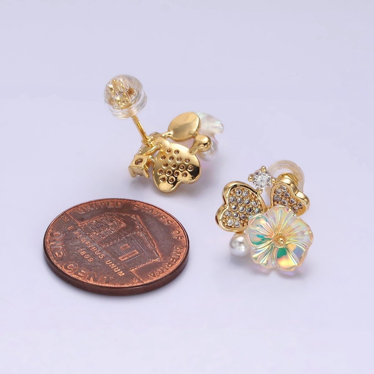 16K Gold Filled Flower Iridescent Acrylic Heart Petal Micro Paved CZ Pearl Stud Earrings in Gold & Silver | AD1552 AD1553