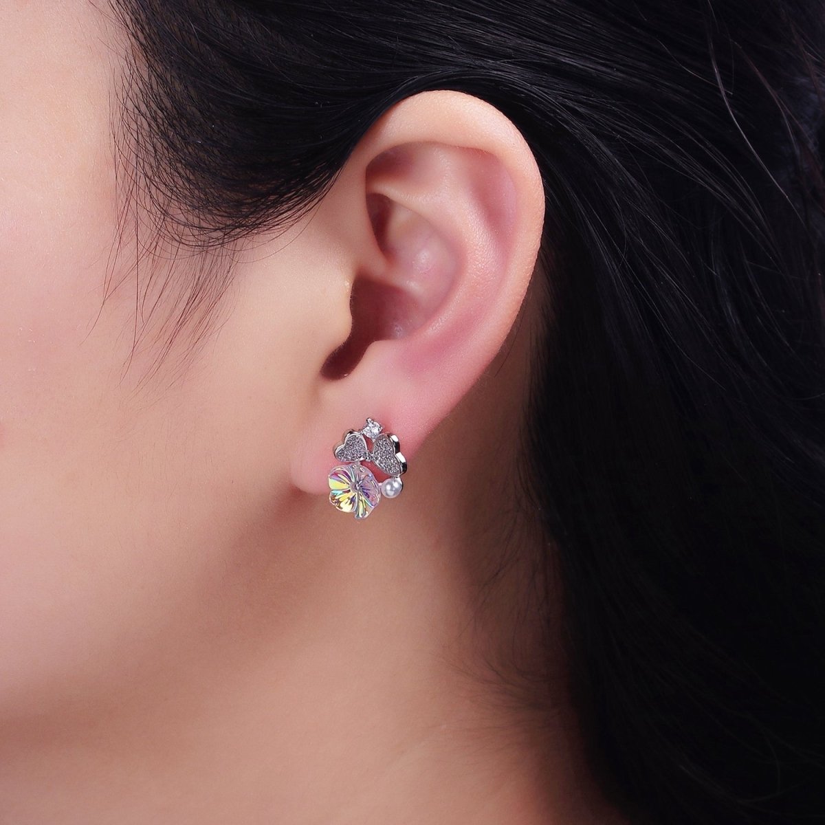 16K Gold Filled Flower Iridescent Acrylic Heart Petal Micro Paved CZ Pearl Stud Earrings in Gold & Silver | AD1552 AD1553