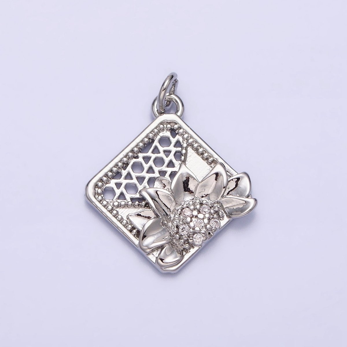 16K Gold Filled Flower Micro Paved CZ Filigree Rhombus Add-On Charm in Gold & Silver | AC1245 AC1246