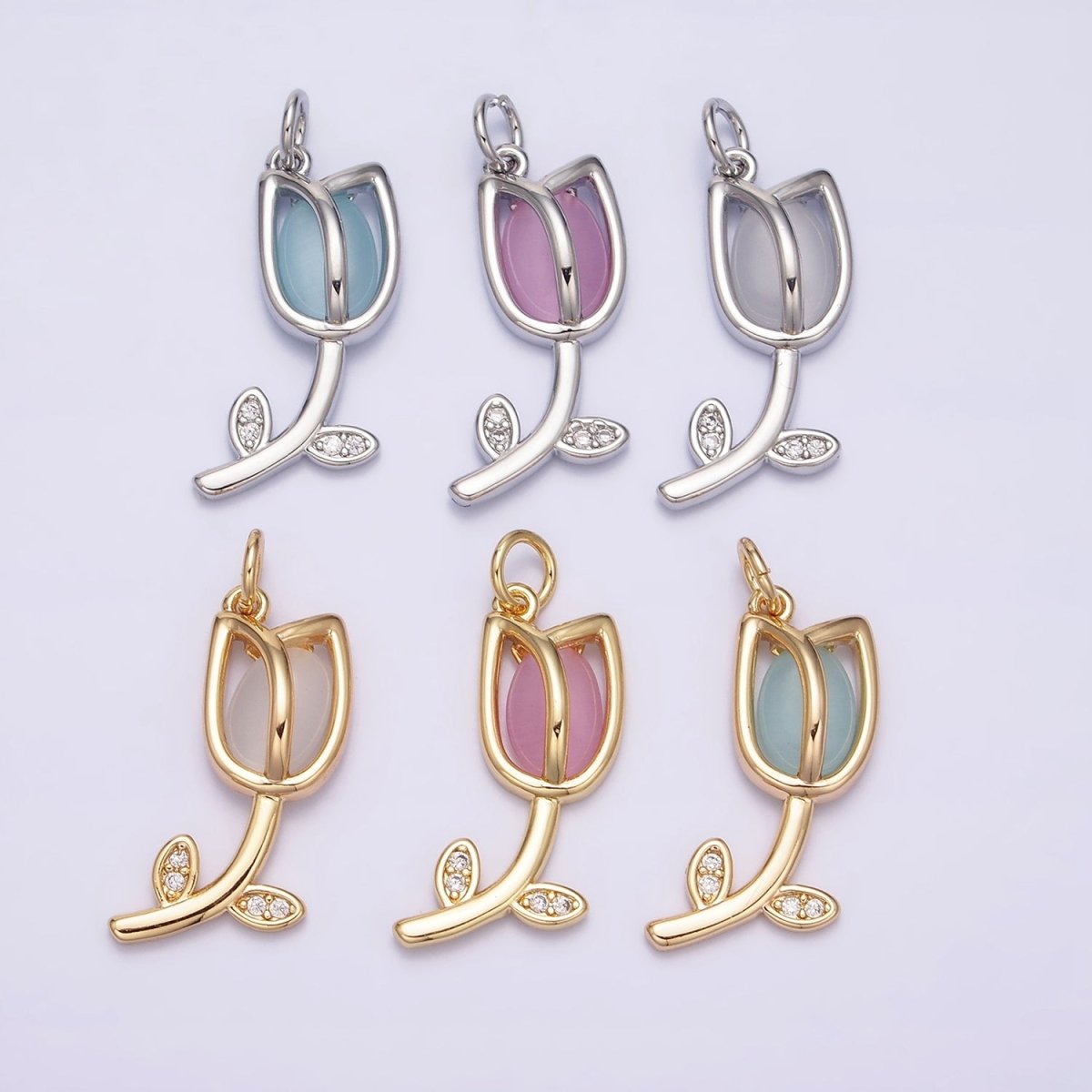 16K Gold Filled Flower Tulip Rose White, Blue, Pink Cat Eye Cabochon Charm in Gold & Silver | AC1073 - AC1078