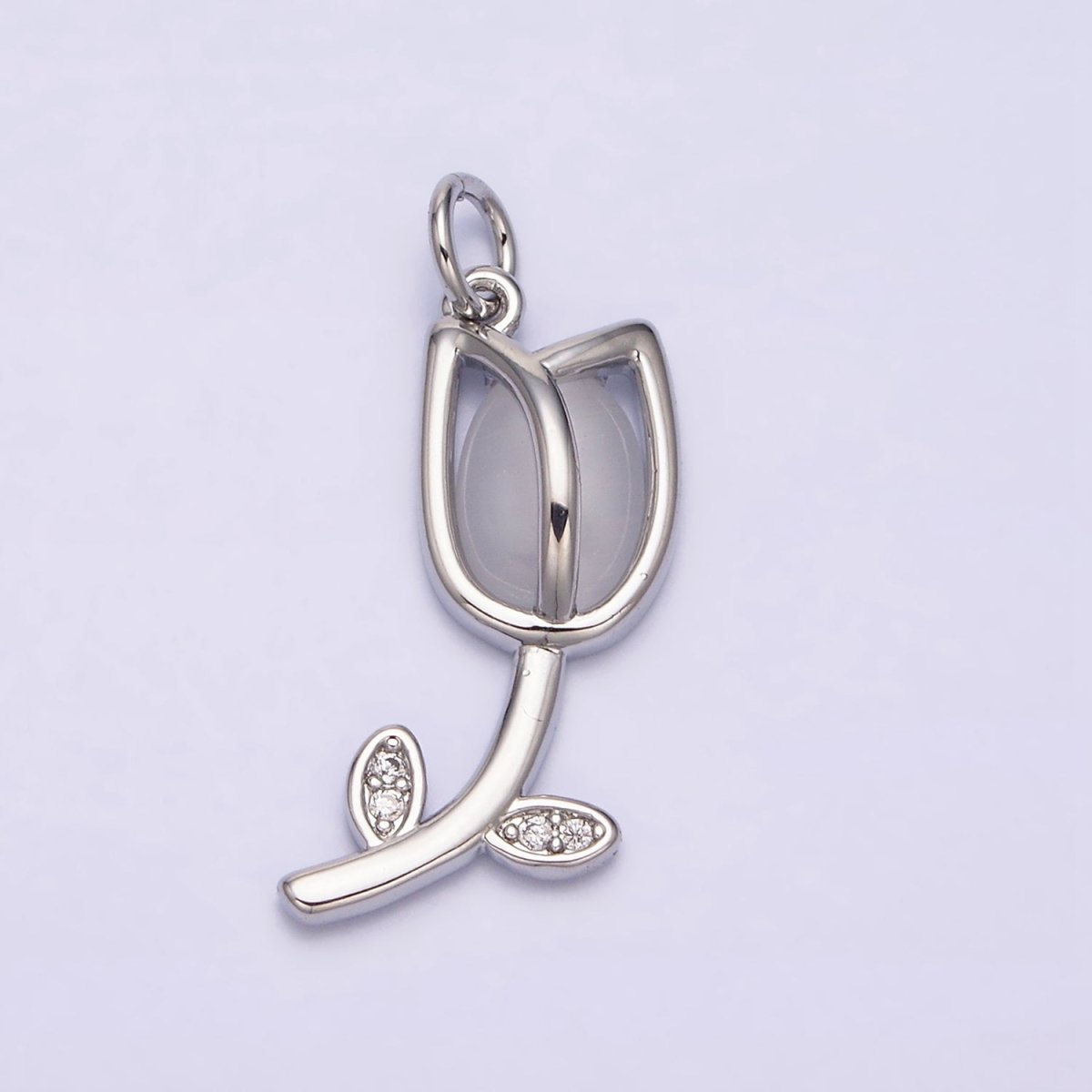 16K Gold Filled Flower Tulip Rose White, Blue, Pink Cat Eye Cabochon Charm in Gold & Silver | AC1073 - AC1078
