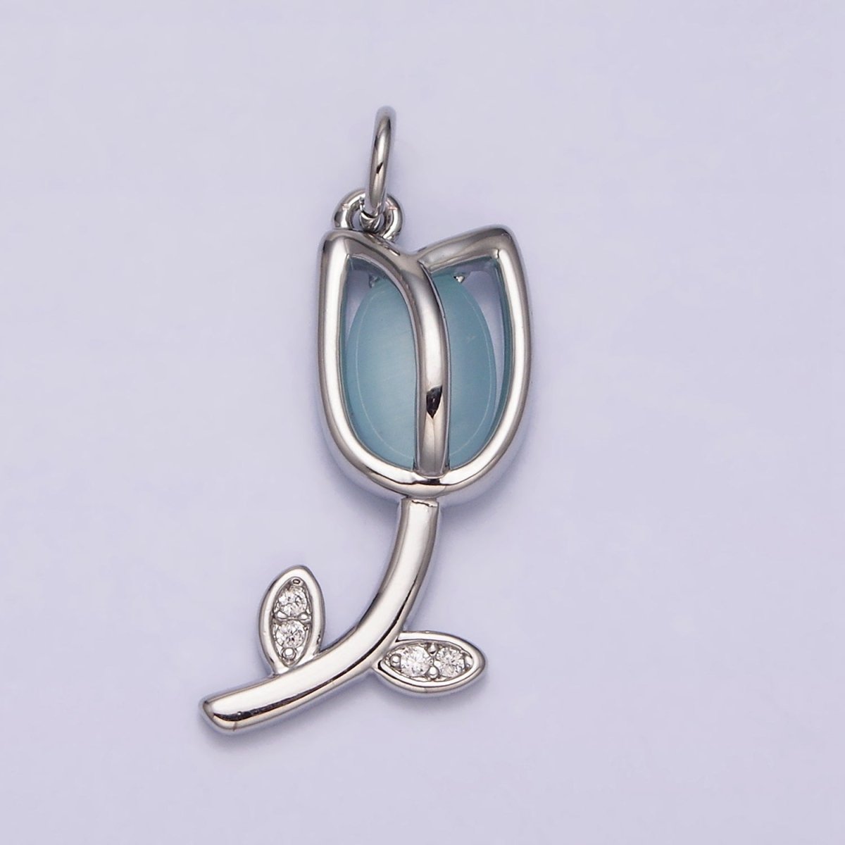 16K Gold Filled Flower Tulip Rose White, Blue, Pink Cat Eye Cabochon Charm in Gold & Silver | AC1073 - AC1078
