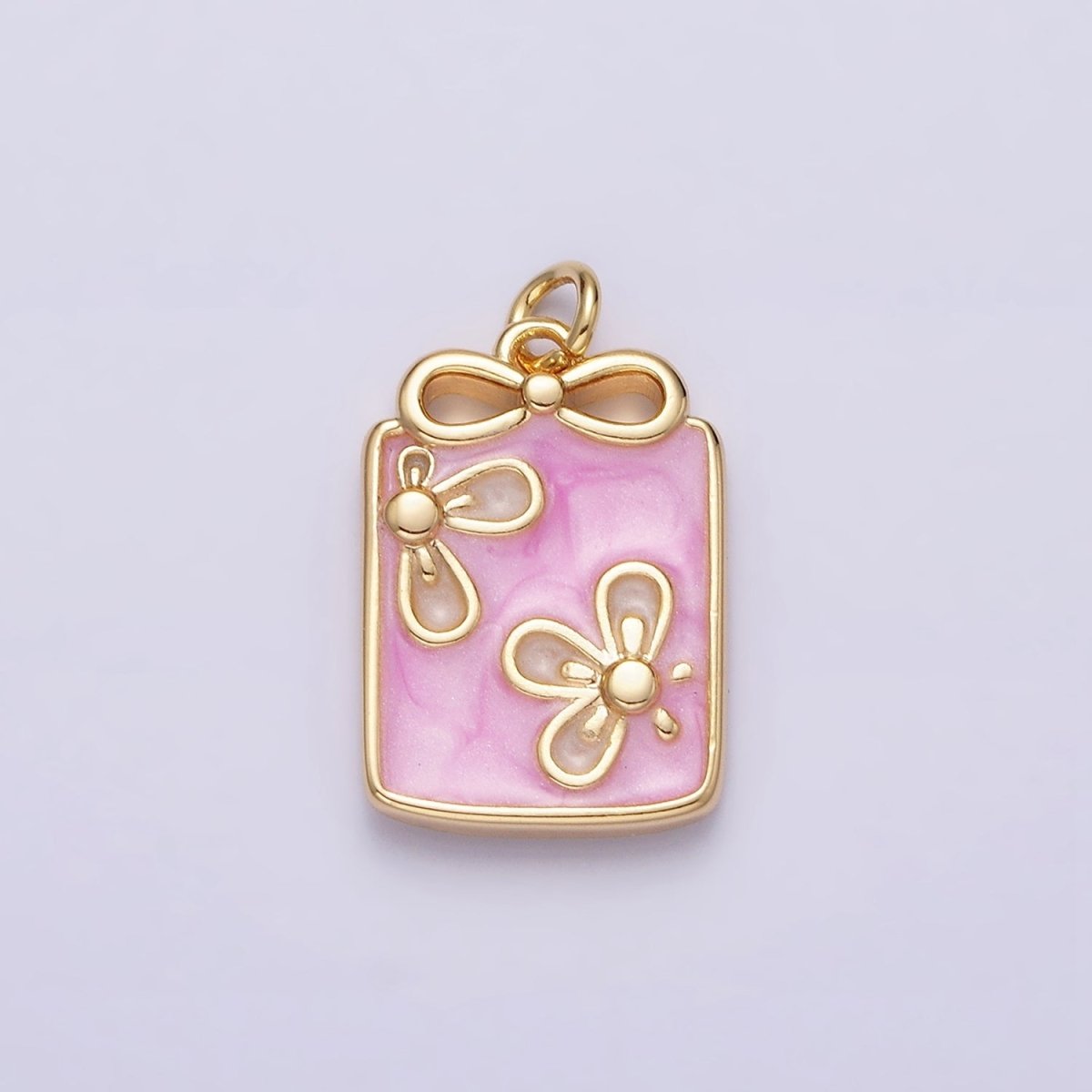 16K Gold Filled Flower White, Blue, Pink Sparkly Enamel Ribbon Bow Rectangular Charm in Gold & Silver | AC1344 - AC1349