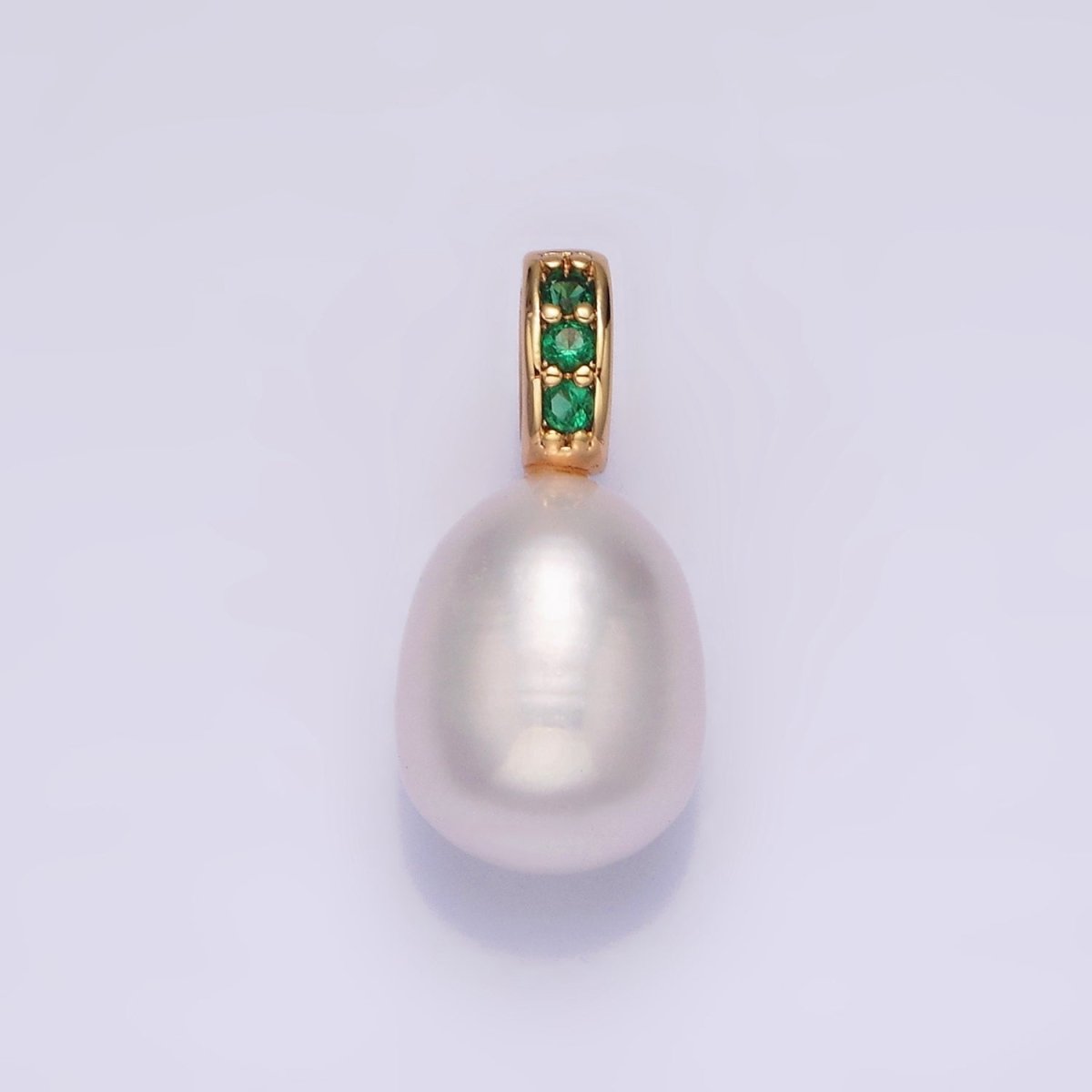 16K Gold Filled Freshwater Oval Pearl Triple Clear, Green CZ Micro Paved Bail Pendant | P1611 P1612