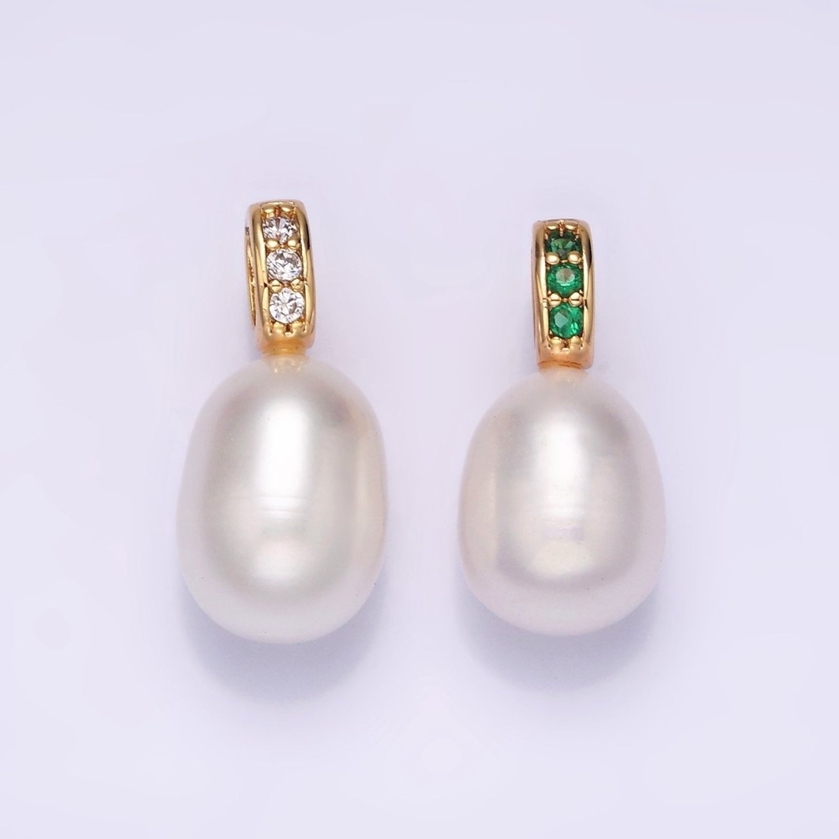 16K Gold Filled Freshwater Oval Pearl Triple Clear, Green CZ Micro Paved Bail Pendant | P1611 P1612