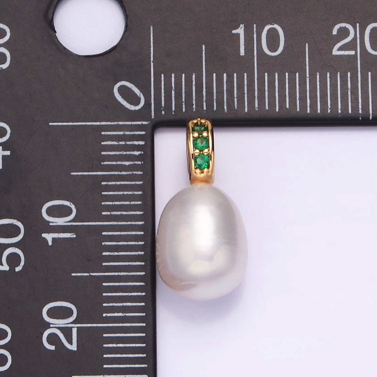 16K Gold Filled Freshwater Oval Pearl Triple Clear, Green CZ Micro Paved Bail Pendant | P1611 P1612