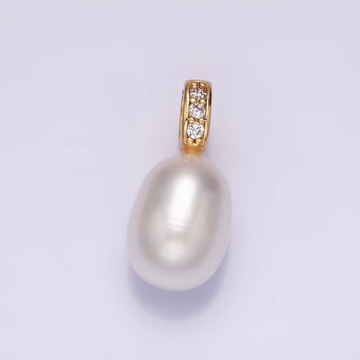 16K Gold Filled Freshwater Oval Pearl Triple Clear, Green CZ Micro Paved Bail Pendant | P1611 P1612
