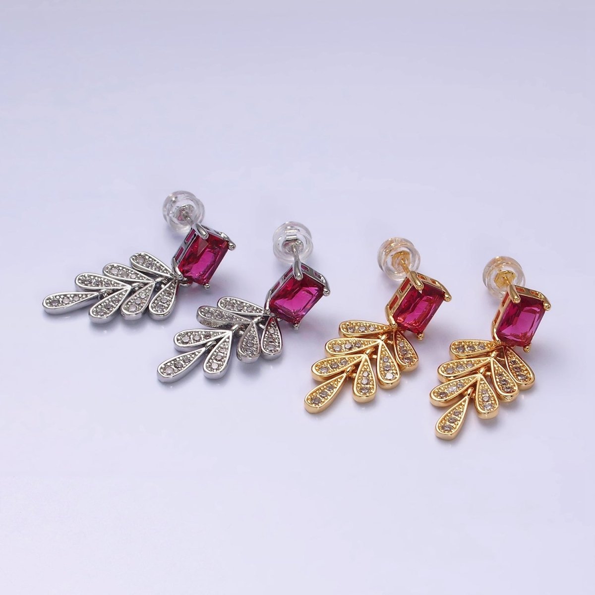 16K Gold Filled Fuchsia Baguette Micro Paved CZ Olive Leaf Drop Stud Earrings in Gold & Silver | AD1082 AD1083