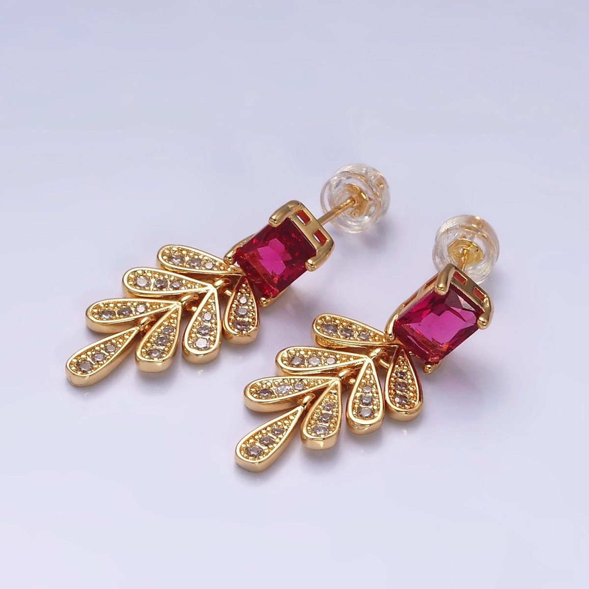 16K Gold Filled Fuchsia Baguette Micro Paved CZ Olive Leaf Drop Stud Earrings in Gold & Silver | AD1082 AD1083