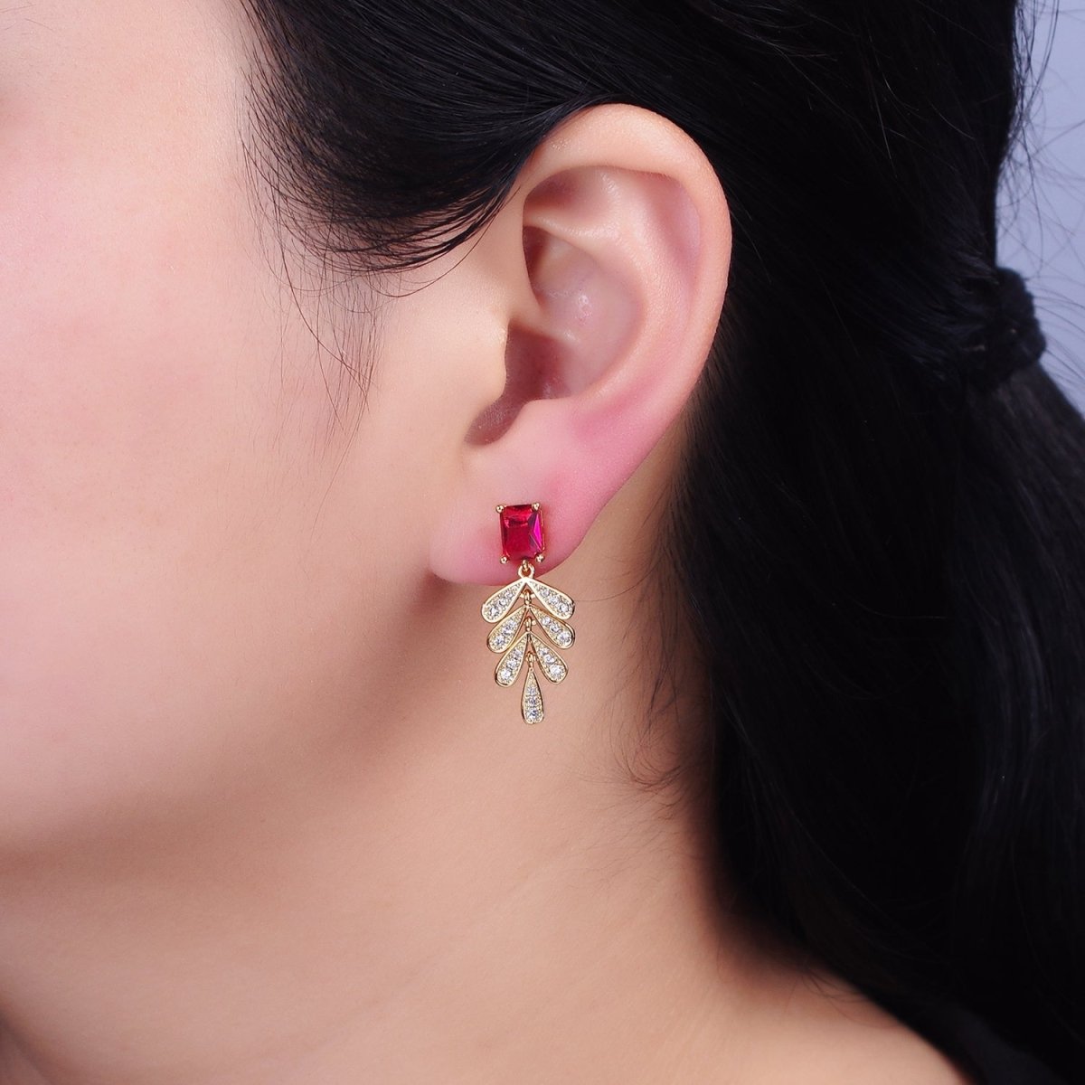 16K Gold Filled Fuchsia Baguette Micro Paved CZ Olive Leaf Drop Stud Earrings in Gold & Silver | AD1082 AD1083