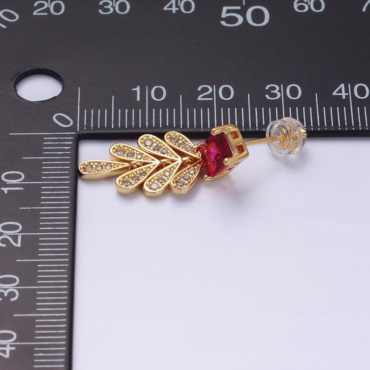 16K Gold Filled Fuchsia Baguette Micro Paved CZ Olive Leaf Drop Stud Earrings in Gold & Silver | AD1082 AD1083