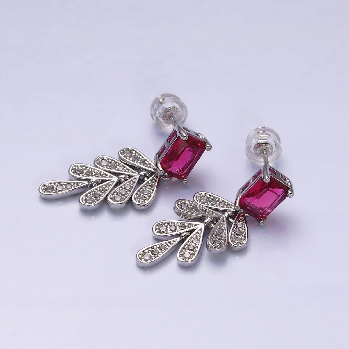 16K Gold Filled Fuchsia Baguette Micro Paved CZ Olive Leaf Drop Stud Earrings in Gold & Silver | AD1082 AD1083