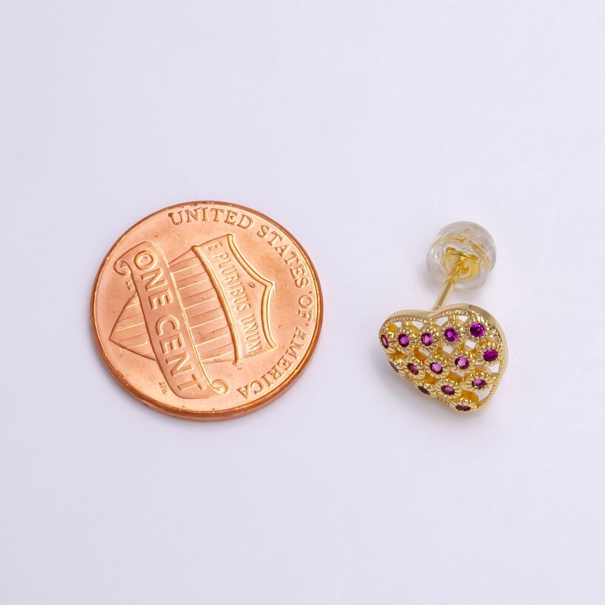 16K Gold Filled Fuchsia CZ Open Heart 10mm Stud Earrings in Gold & Silver | AE781 AE792