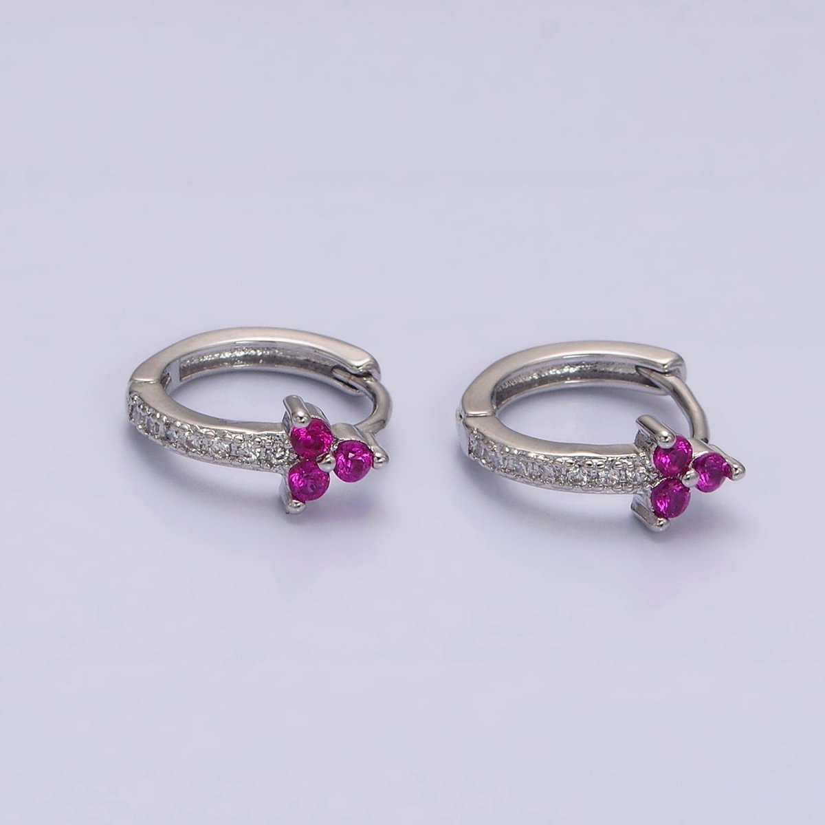 16K Gold Filled Fuchsia CZ Triple Flower Arrow Lined 11mm Cartilage Huggie Earrings in Silver & Gold | AD-409 AD-1285