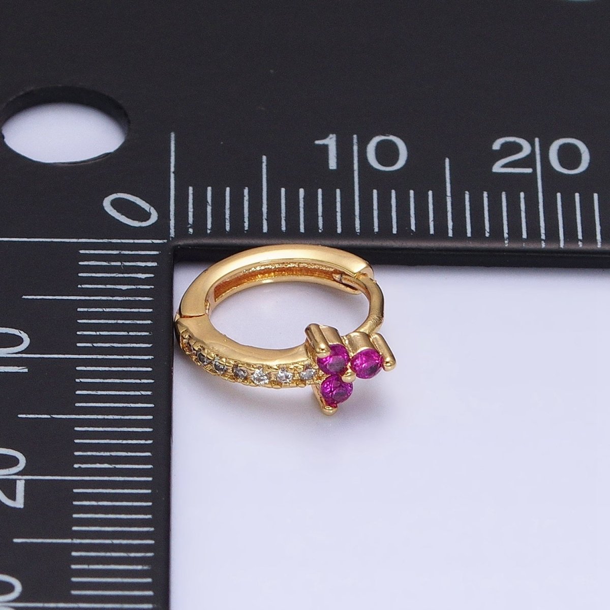 16K Gold Filled Fuchsia CZ Triple Flower Arrow Lined 11mm Cartilage Huggie Earrings in Silver & Gold | AD-409 AD-1285