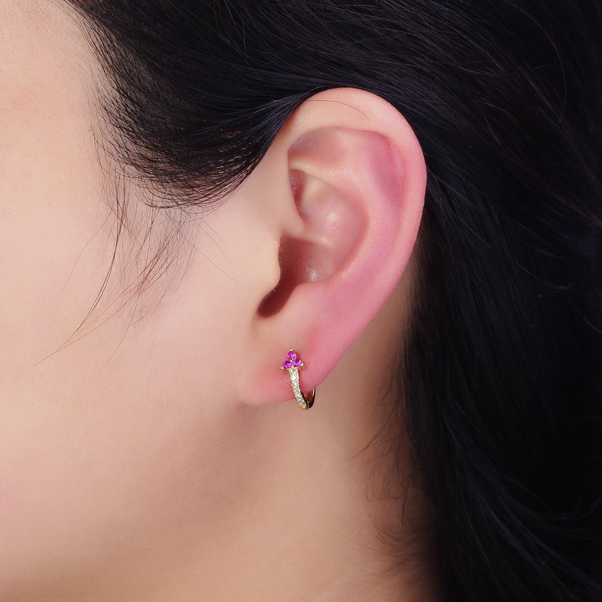 16K Gold Filled Fuchsia CZ Triple Flower Arrow Lined 11mm Cartilage Huggie Earrings in Silver & Gold | AD-409 AD-1285